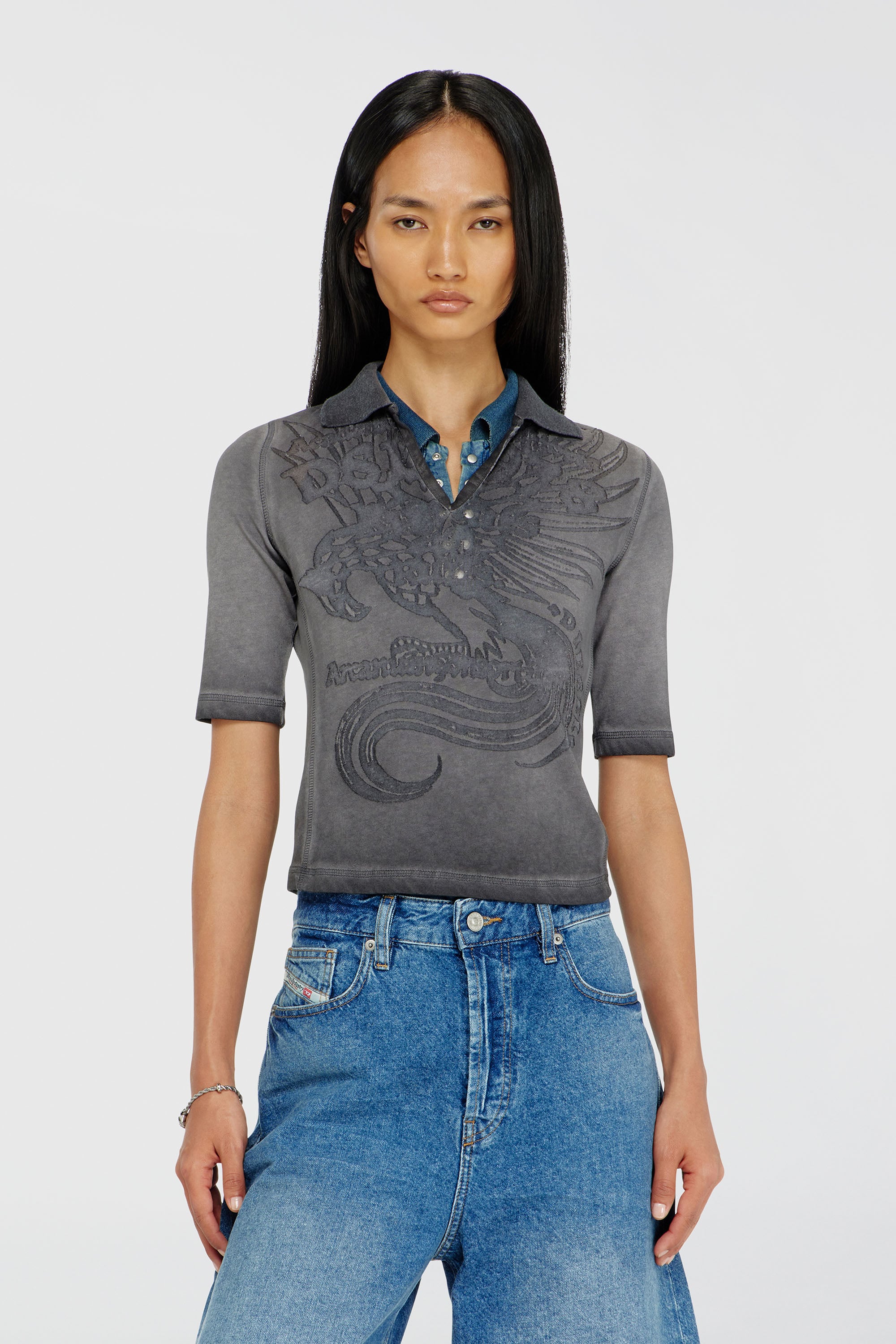 Diesel - T-BEA, Damen Slim-Poloshirt mit d&eacute;vor&eacute;-Print in Grau - 1
