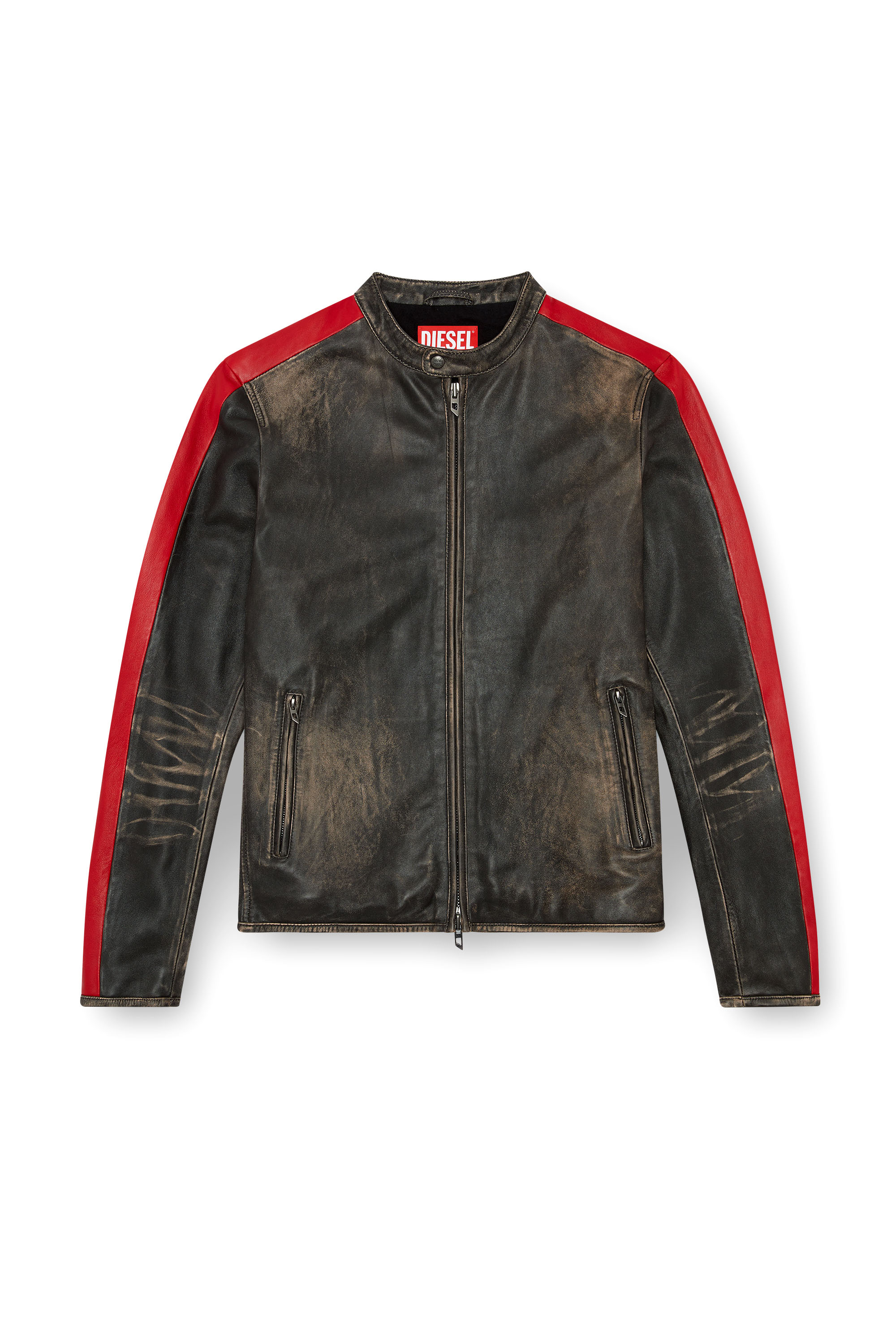 Diesel - L-RENN, Herren Jacke aus Leder mit kontrastfarbenen Streifen in Schwarz/Rot - 2