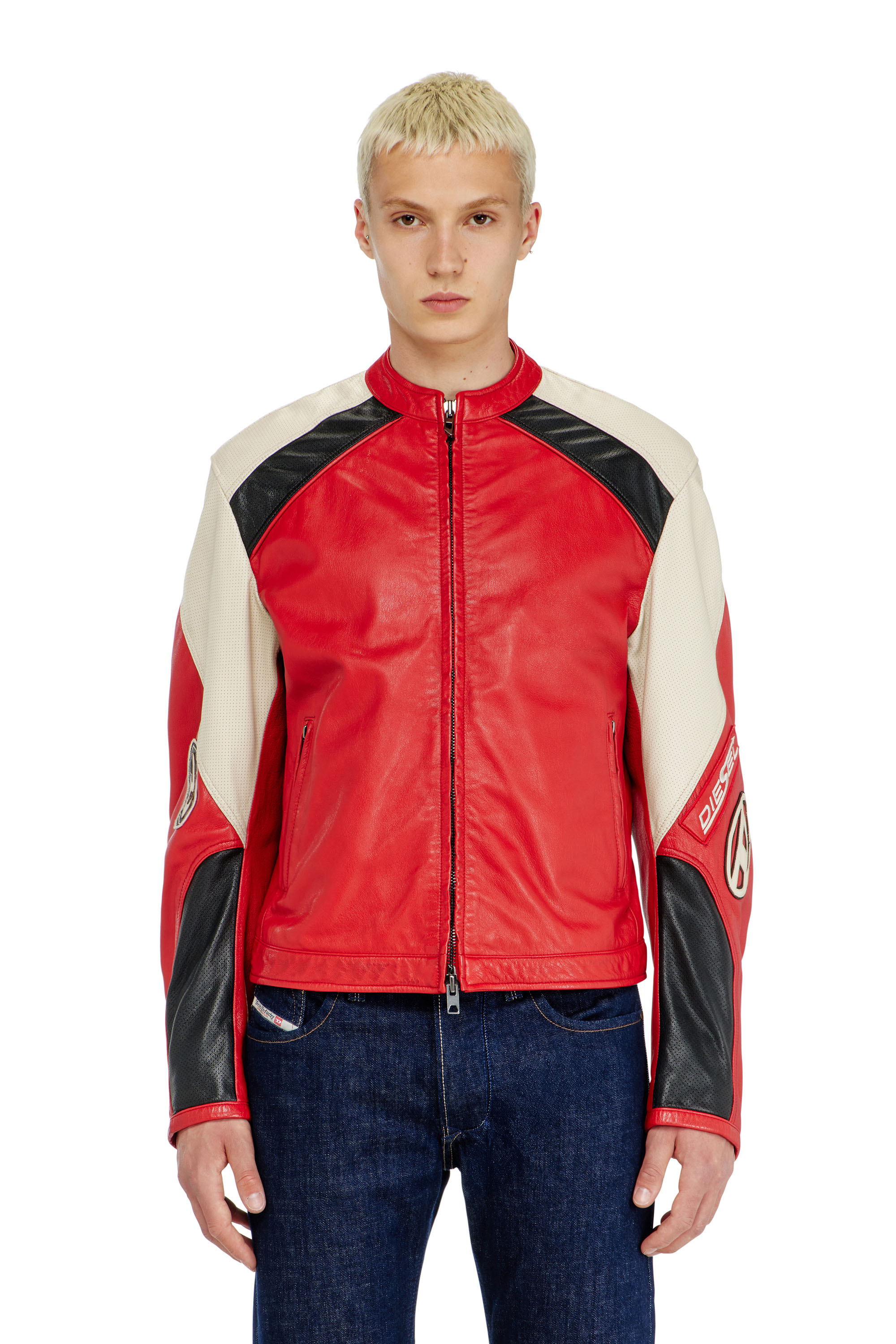 Diesel - L-AHTI, Herren Bikerjacke aus perforiertem Colour-Block-Leder in Beige/Rot - 1