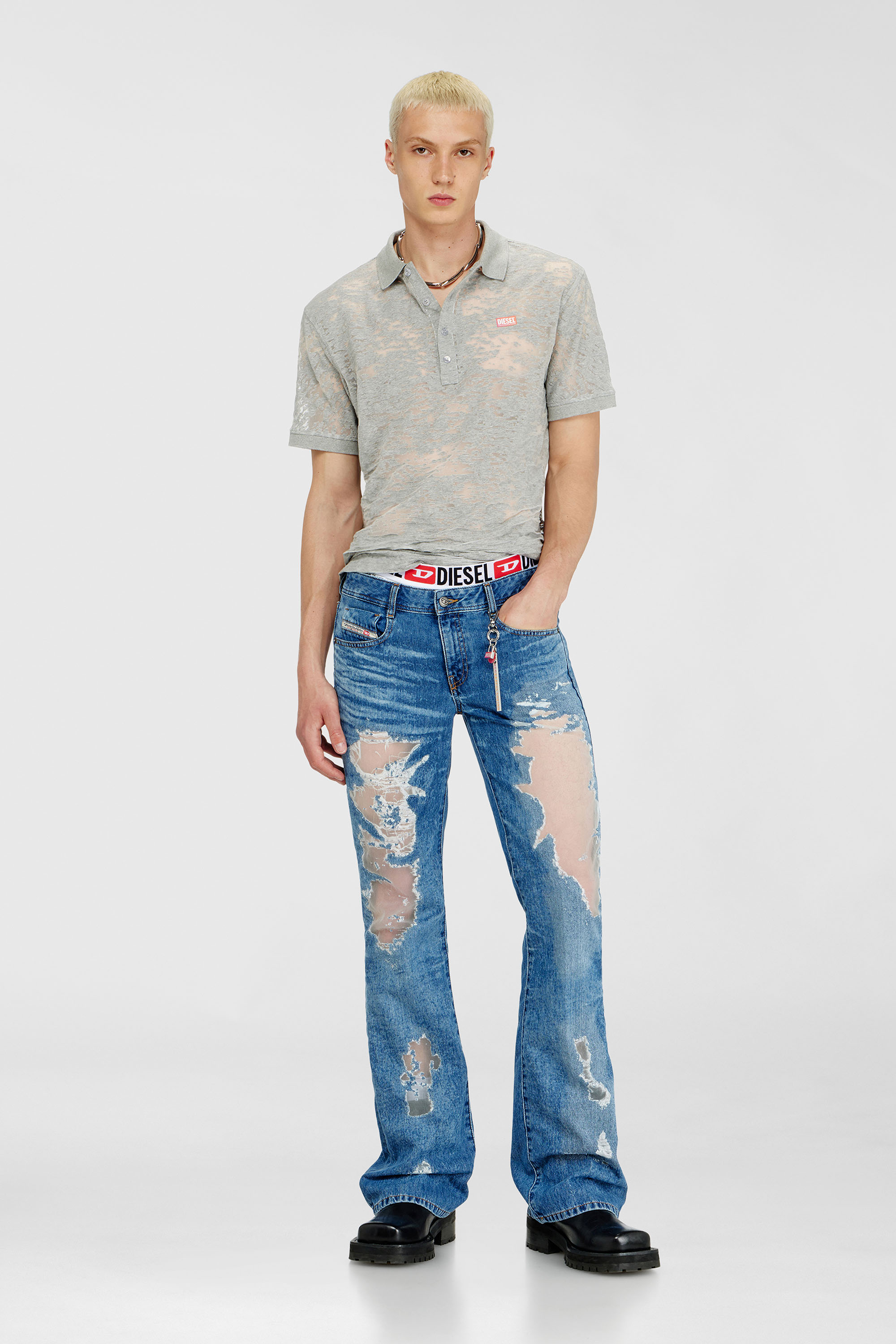 Diesel - PR-T-REJUST, Herren Poloshirt aus all-over devor&eacute;-Jersey in Hellgrau - 1