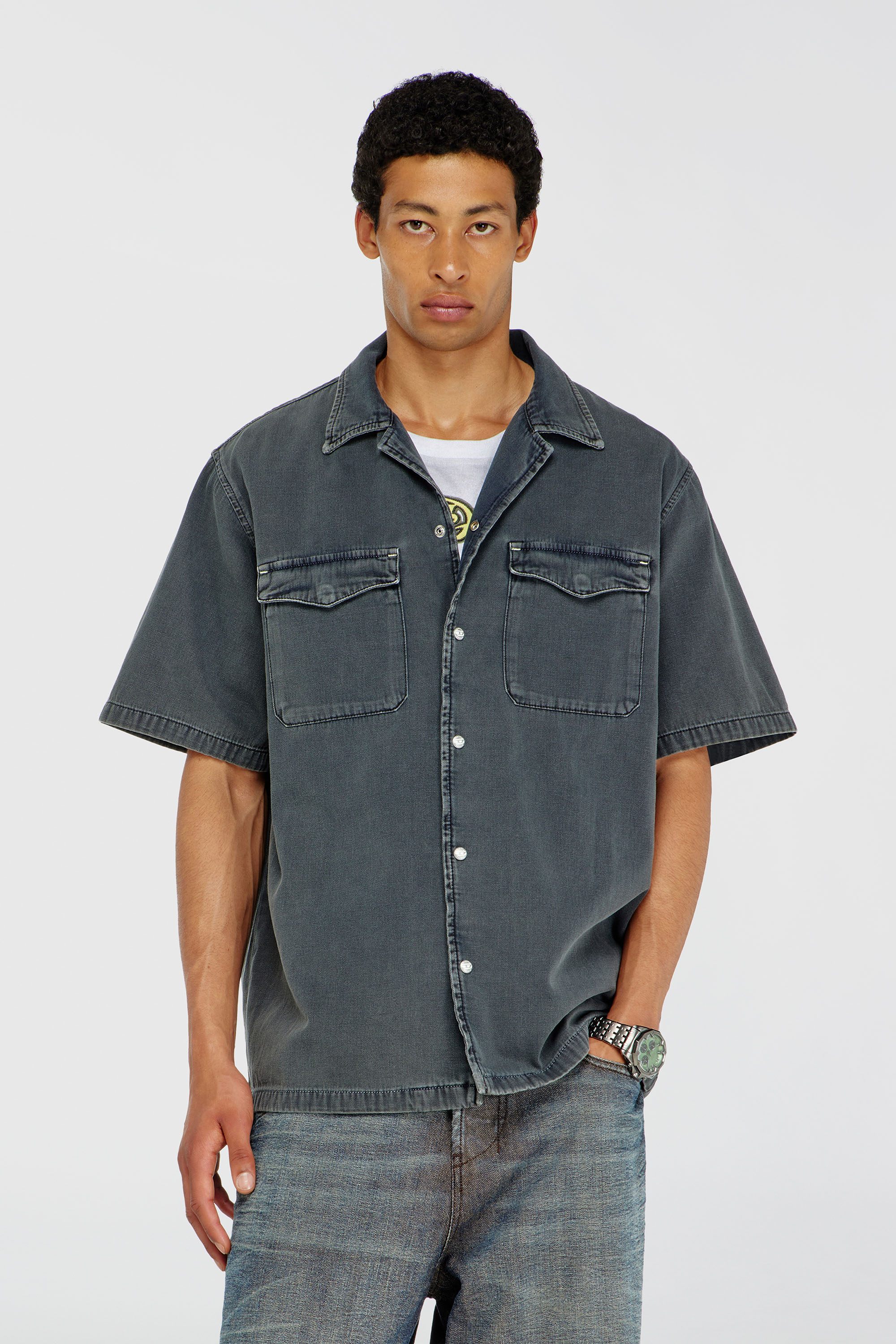 Diesel - D-NABIL-P, Herren Bowling-Hemd aus farbigem denim in Dunkelgrau - 1