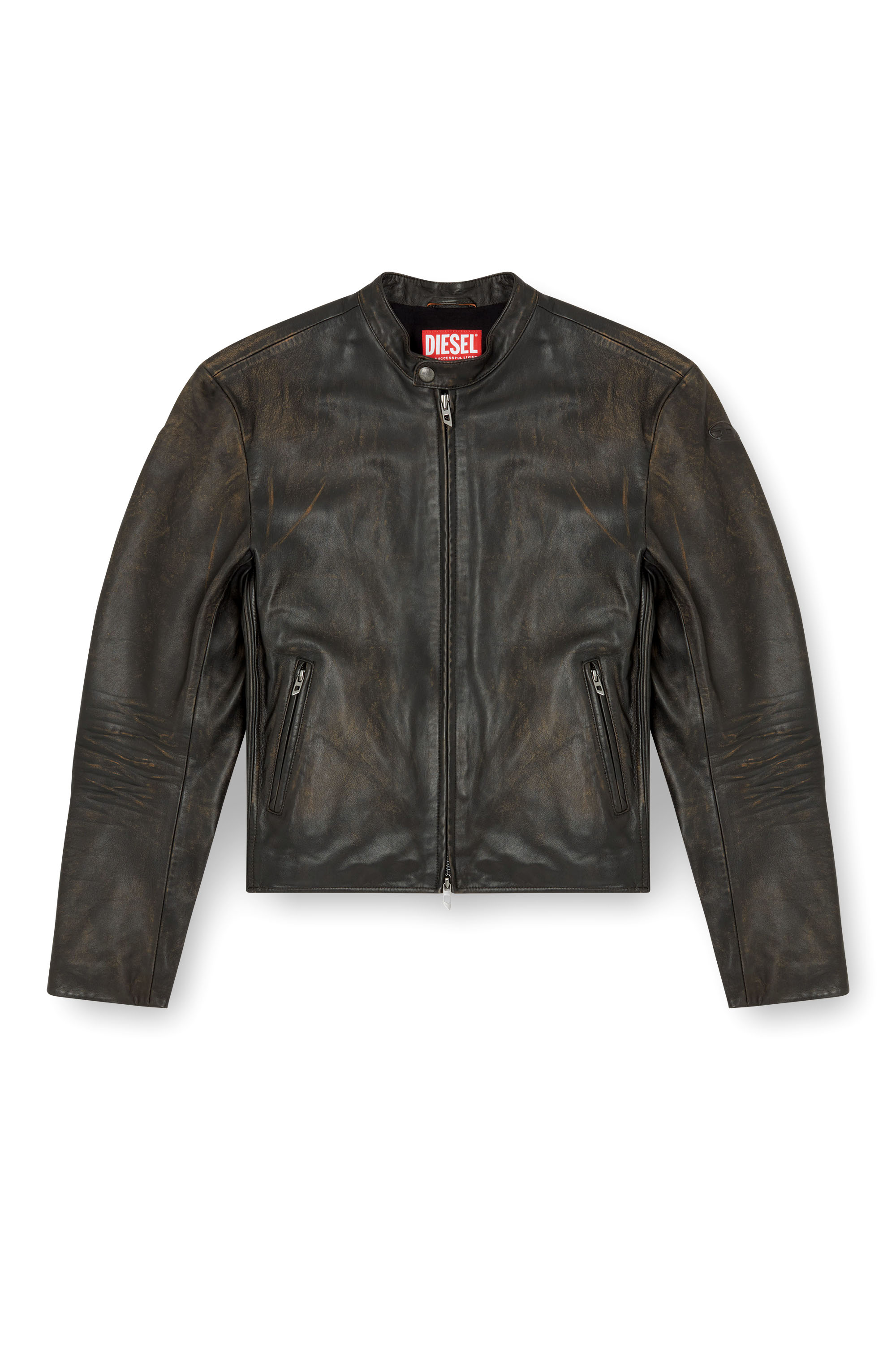 Diesel - L-AROSS, Herren Vielgetragene Bikerjacke aus Leder in Braun - 3