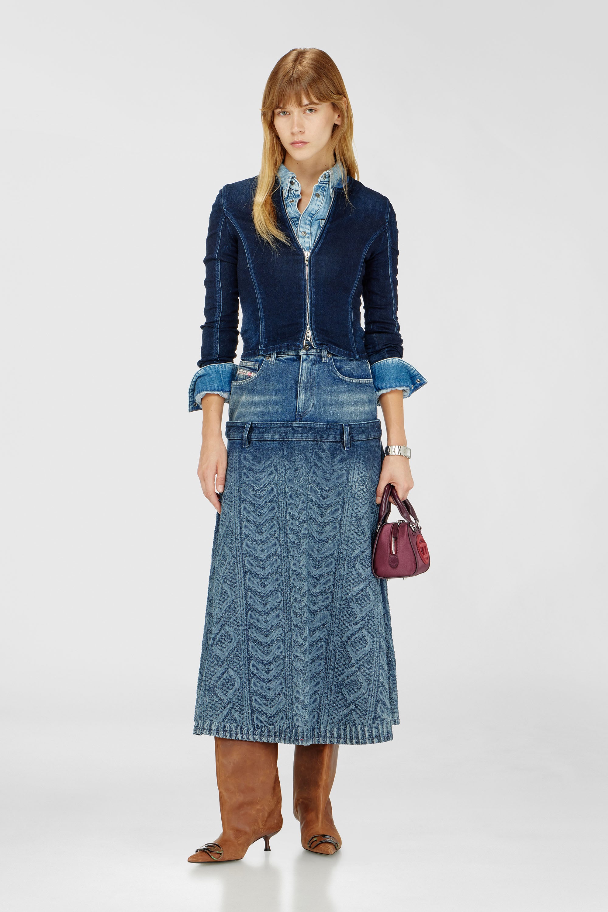 Diesel - DE-VORYA-S1, Damen Midi-Rock aus Denim mit Zopfmuster-Effekt in Mittelblau - 1