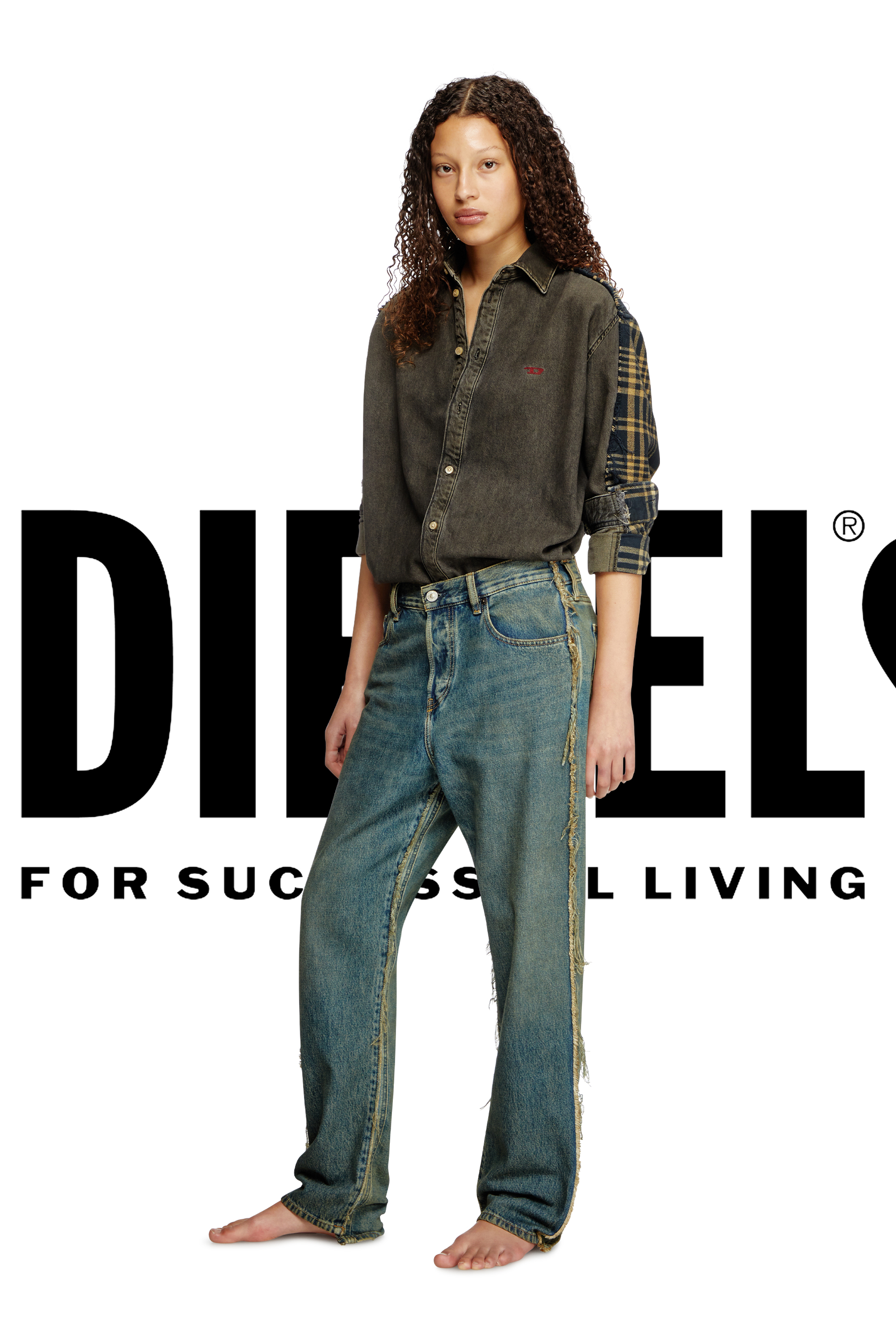 Diesel - Shirt Dieseloves 5A, Unisex Überfärbtes Denim und Karo-Hemd in Schwarz/Blau - 2