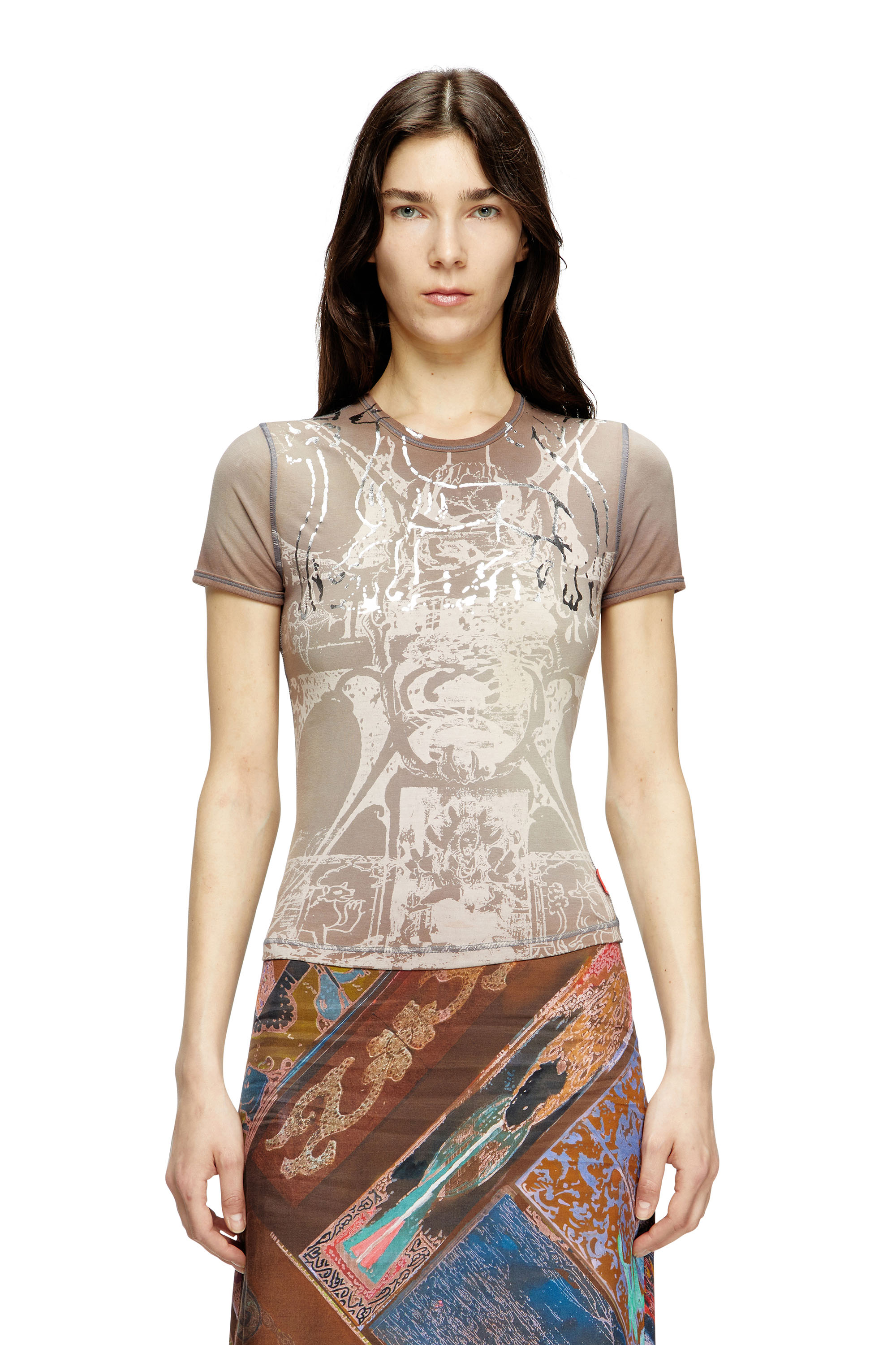 Diesel - T-UNCUTIES-LONG-R6, Damen T-Shirt mit Folien-Print in Hellbraun - 1