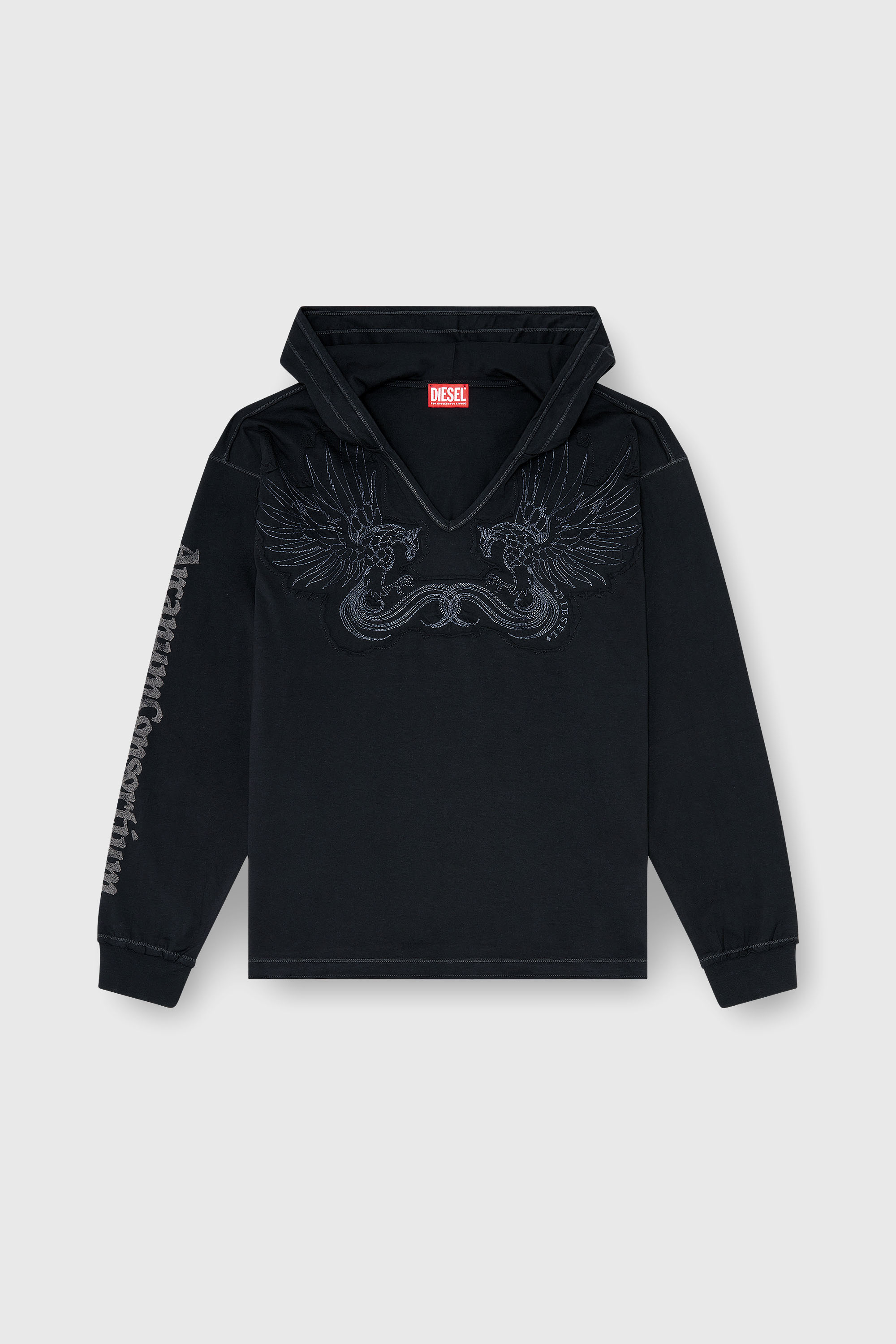 Diesel - T-PHEN-LS-HOOD-RIB, Herren Kapuzenpullover mit V-Ausschnitt und Stickerei vorn in Schwarz - 2