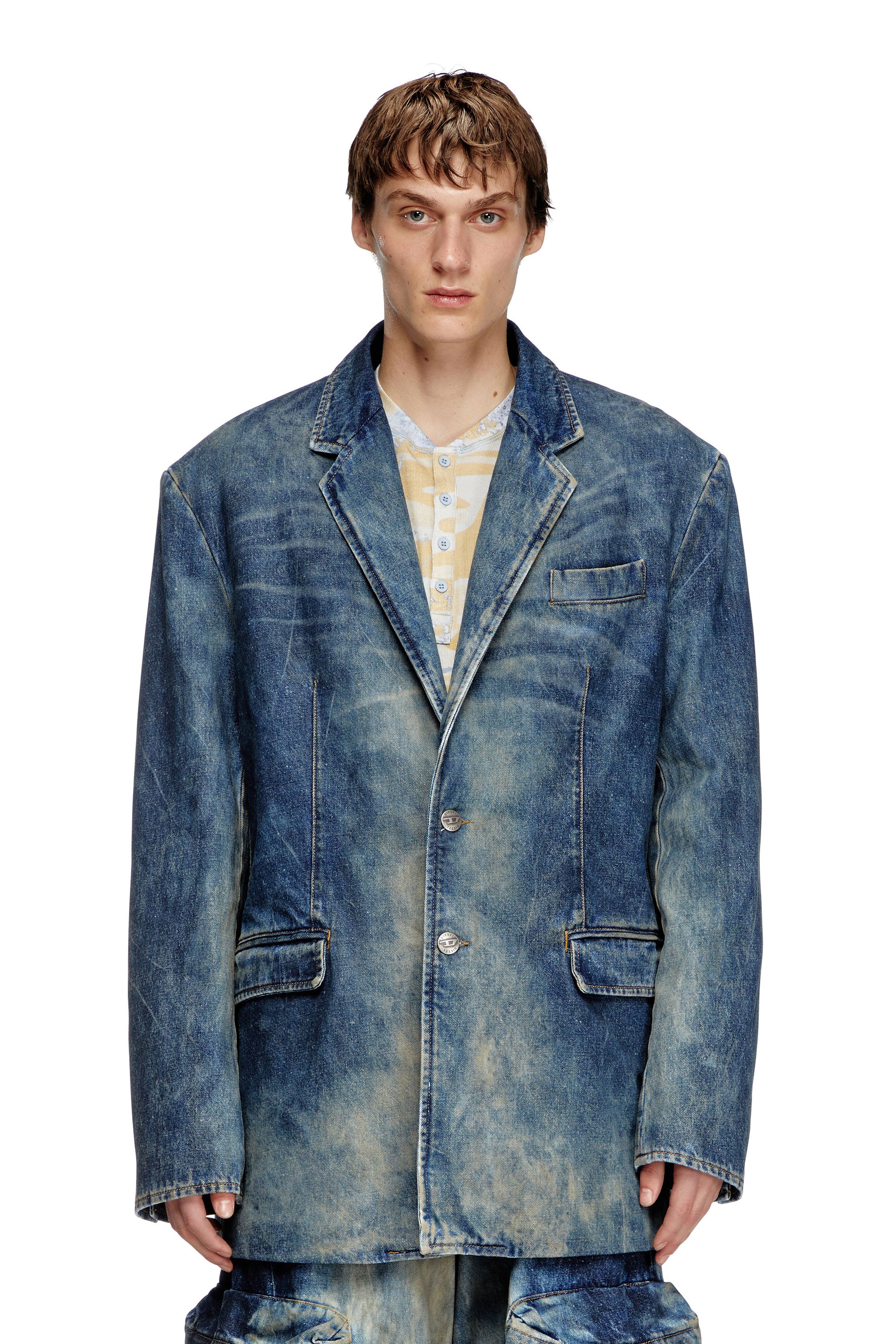 Diesel - D-OVER-DD, Unisex Blazer aus von Hand behandeltem Denim mit Schmutz-Effekt in Dunkelblau - 1