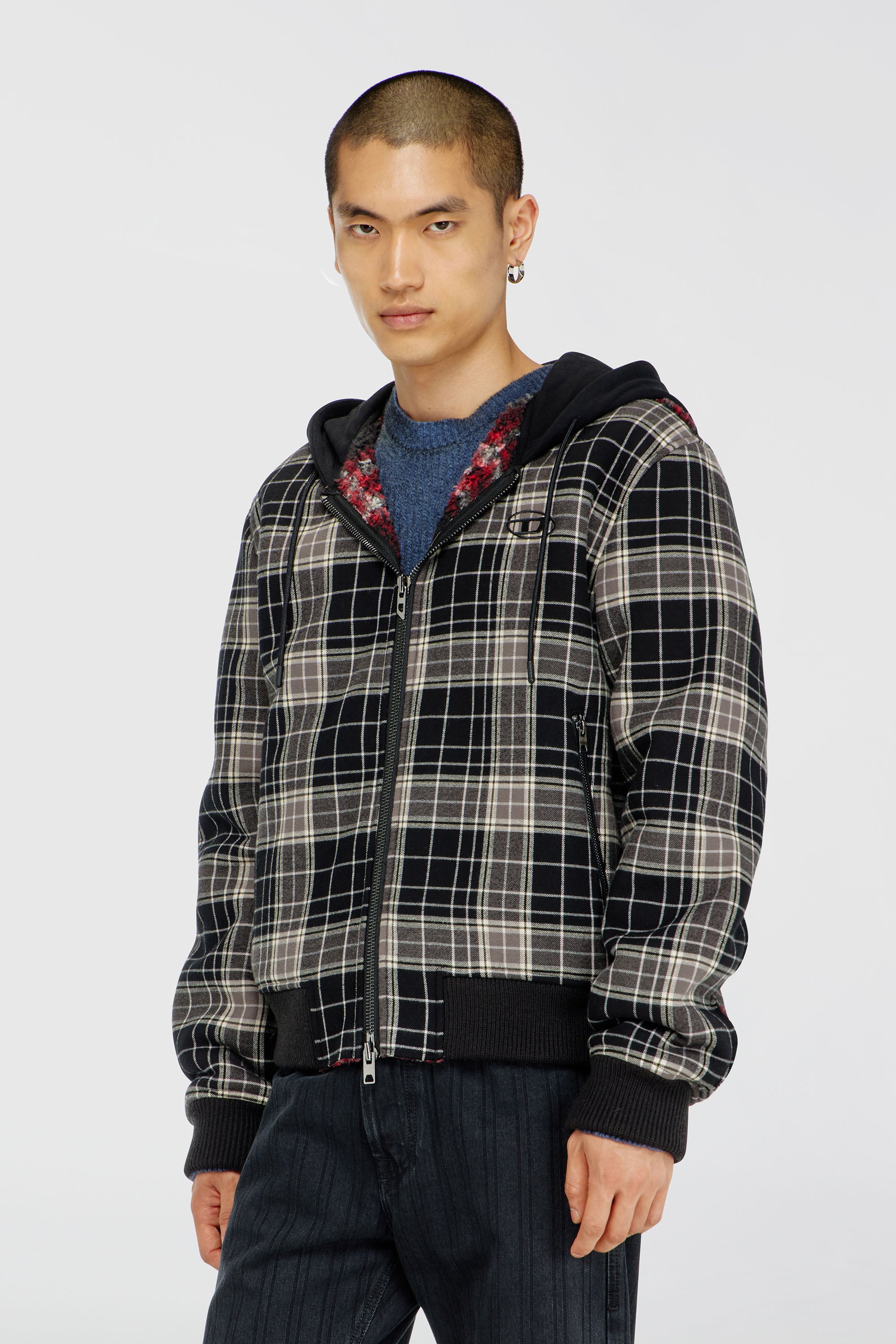 Diesel - W-KUNST, Herren Karo - Karo-bomberjacke mit flanellmuster und teddyfutter in Grau/Schwarz - 1