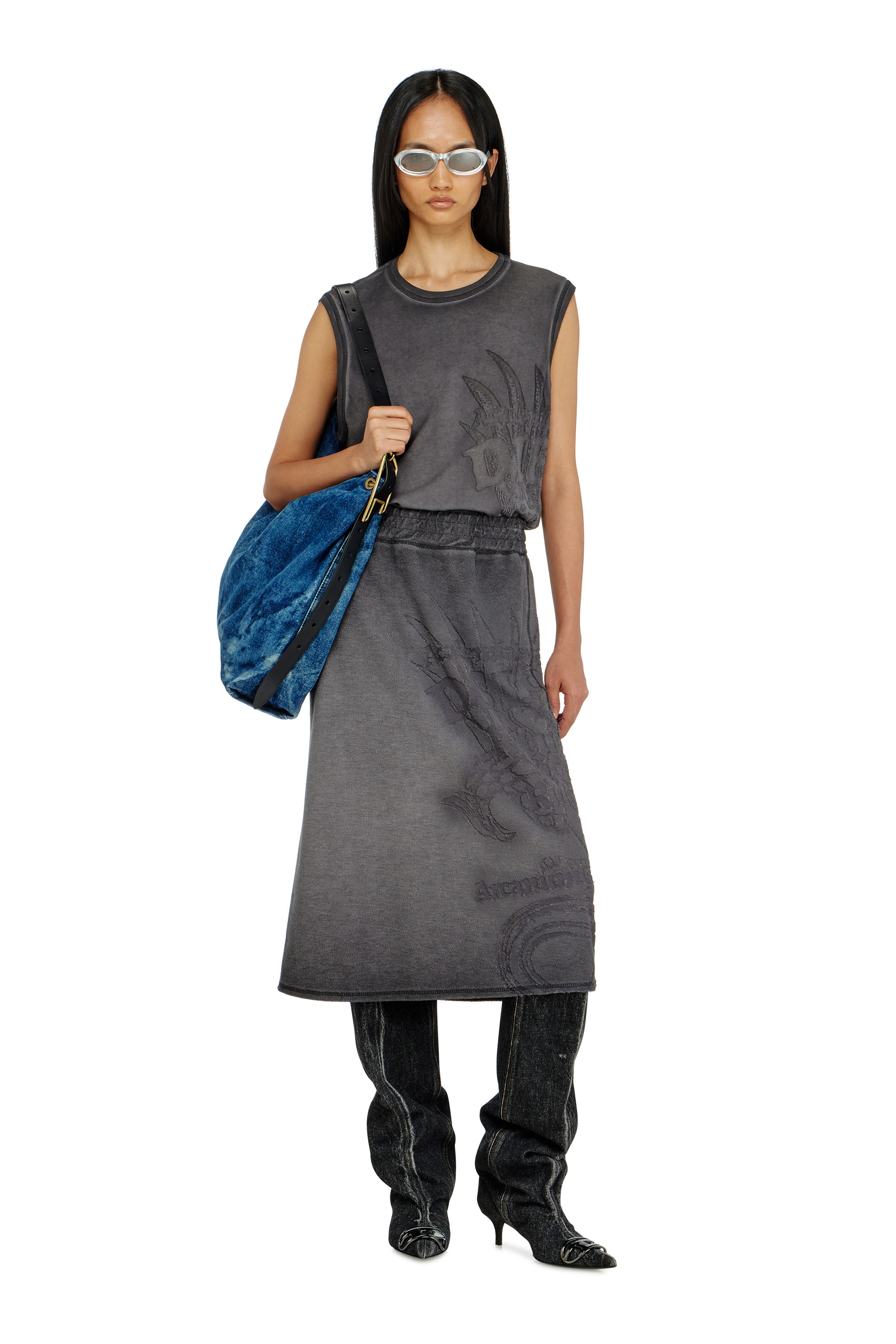 Diesel - O-BEAUTY, Damen Fleece-Midirock mit D&eacute;vor&eacute;-Print in Dunkelgrau - 1