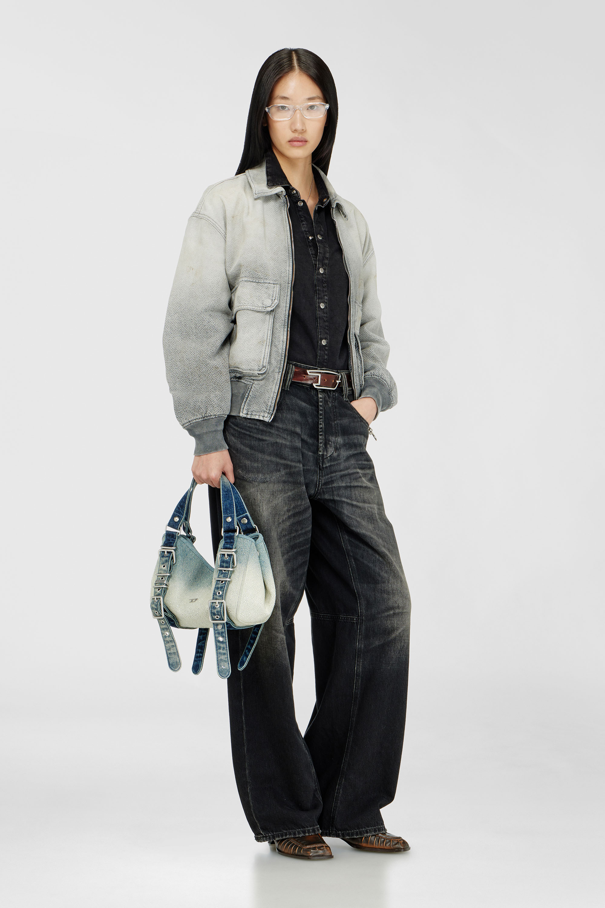 Diesel - D-ONE TOPHANDLE S, Damen D-One-Small Henkeltasche aus solarisiertem Denim mit Kristallen in Blau - 3