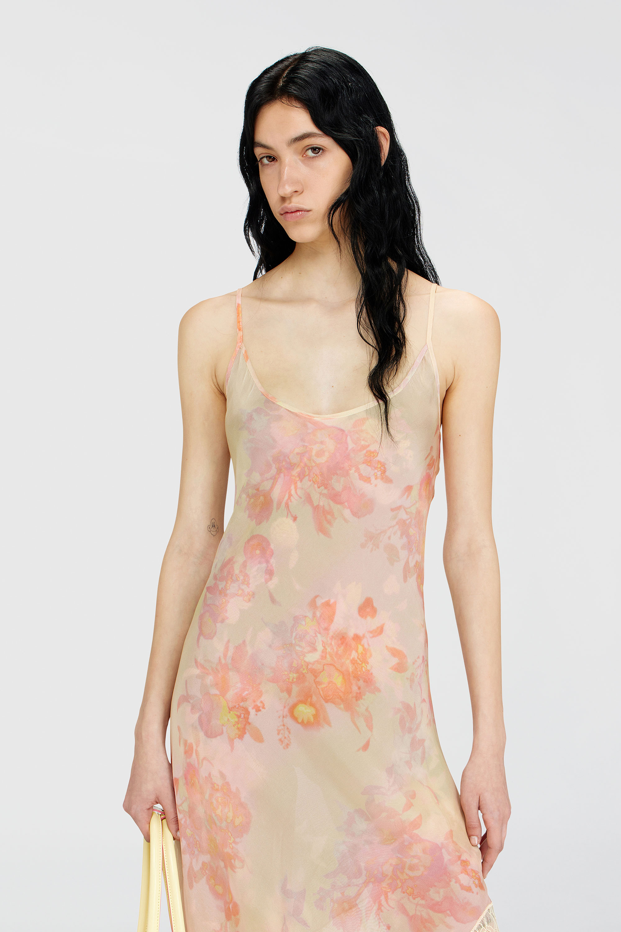 Diesel - D-ANCEL, Damen Midikleid aus Satin mit Blumenmuster und Spitzenbesatz in Rosa/Gelb - 5