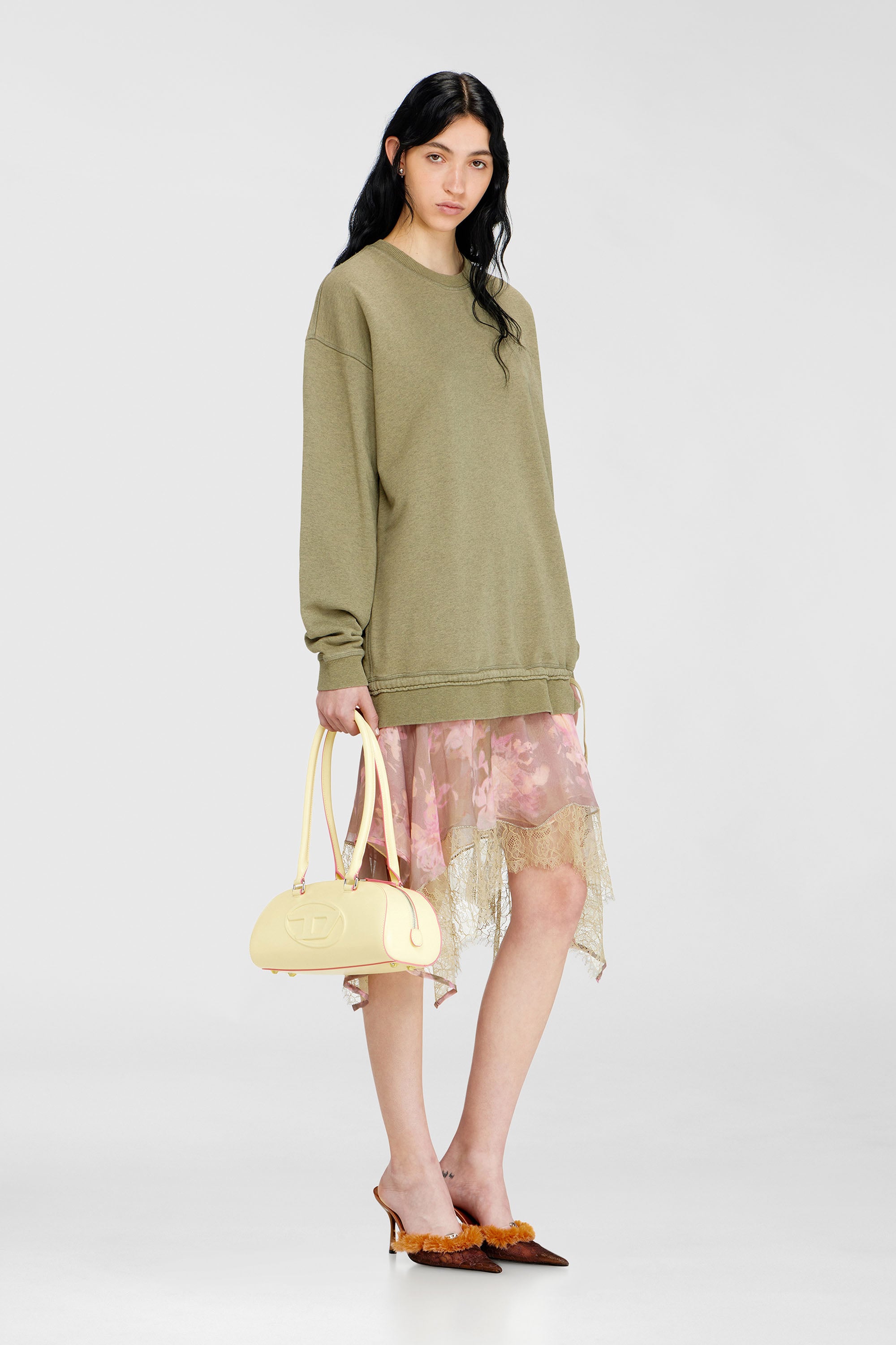 Diesel - D-ORELY, Damen Sweatshirt-Kleid mit Chiffon- und Spitz Rock in Rosa/Gr&uuml;n - 2