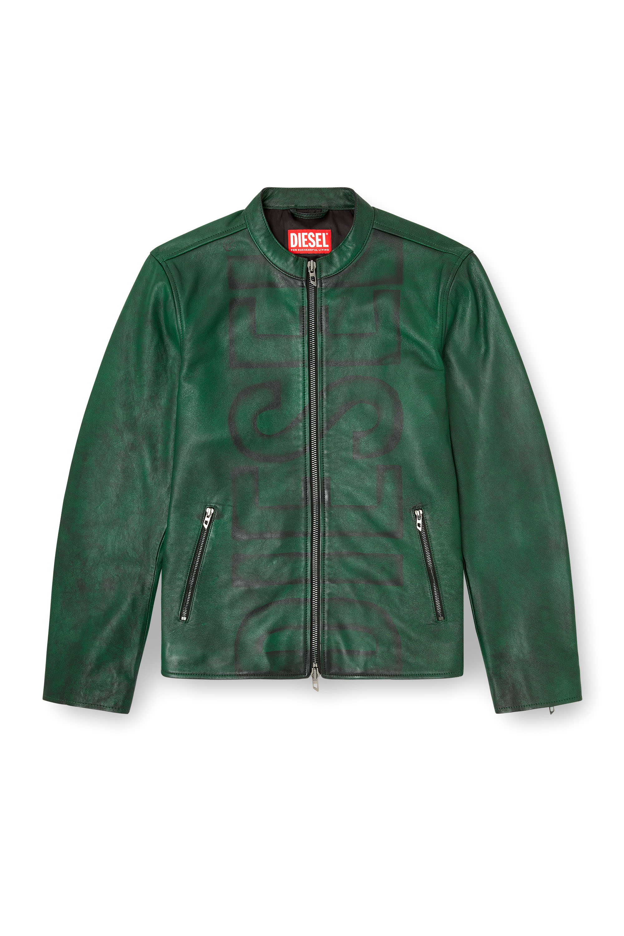Diesel - L-EVERT-A, Herren Behandelte Bikerjacke aus Leder mit verblasstem Logo in Grün - 3