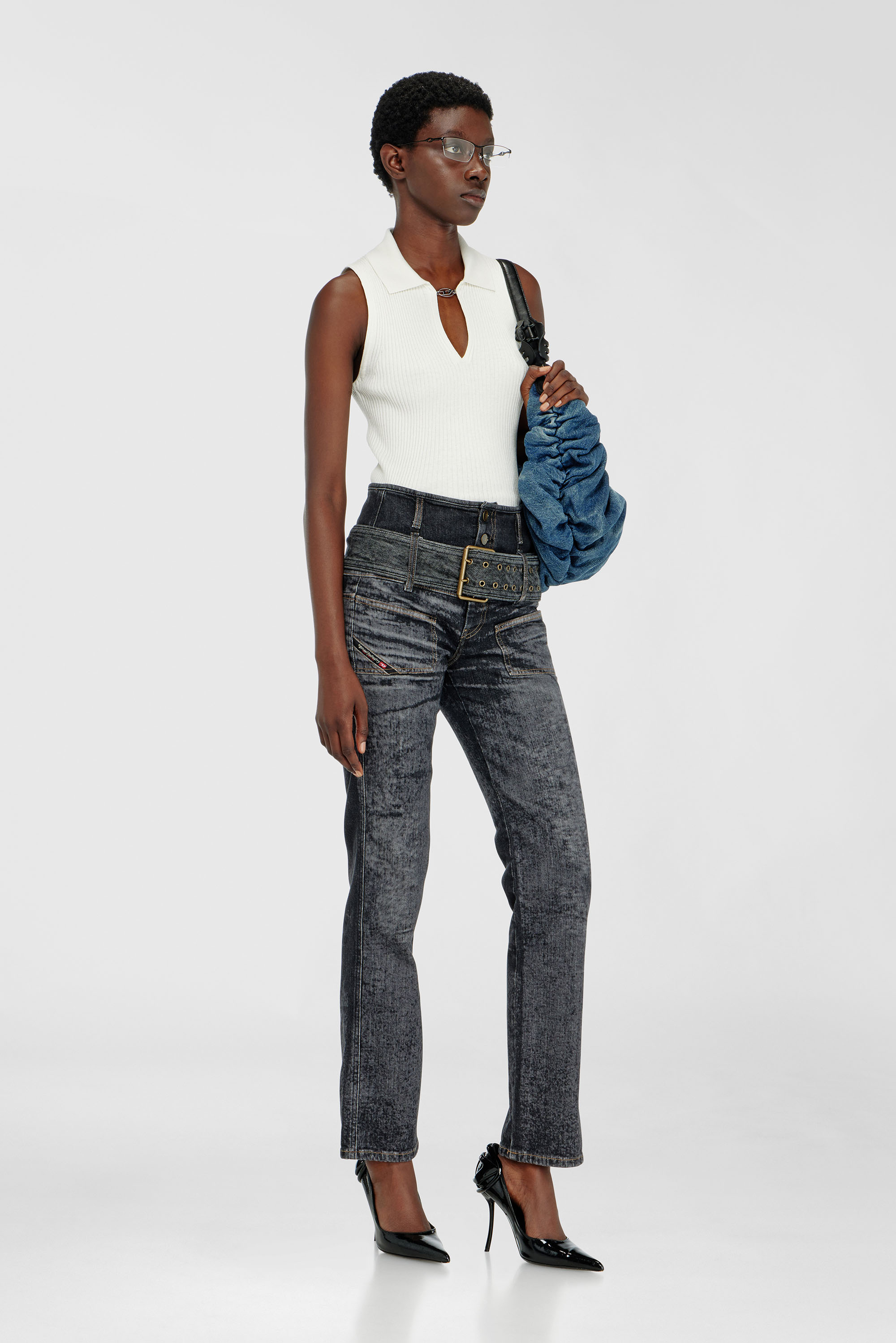 Diesel - M-LILITA, Damen &Auml;rmelloses Polo-Top aus Rippstrick mit Seidenmix in Wei&szlig; - 1