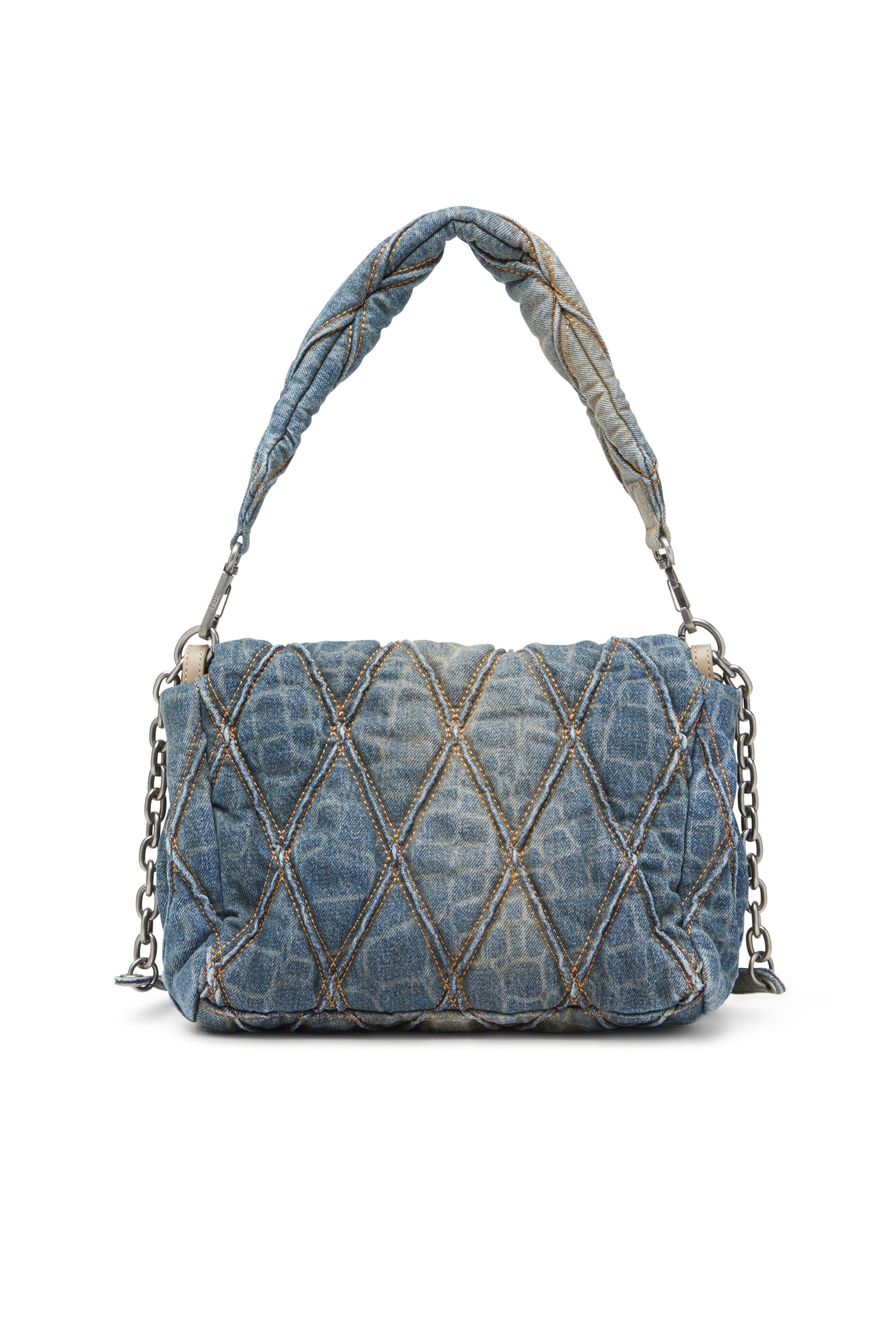 Diesel - CNY CHARM-D SHOULDER M, Damen Schultertasche aus gestepptem Denim mit Schlangen-Print in Blau - 2