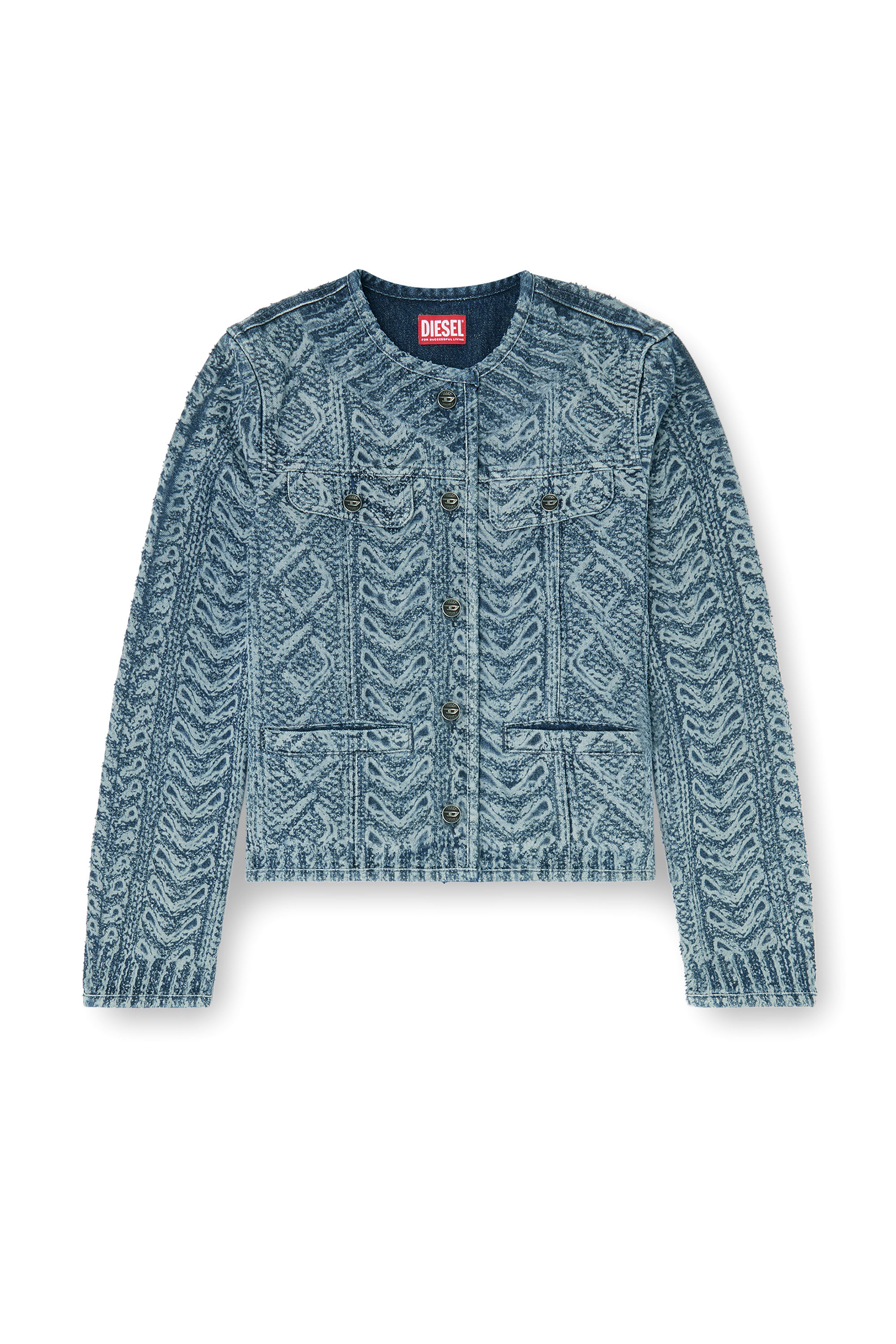 Diesel - DE-GRAFY-S2, Damen Kragenlose Jacke aus Denim mit Zopfmuster-Effekt in Dunkelblau - 3