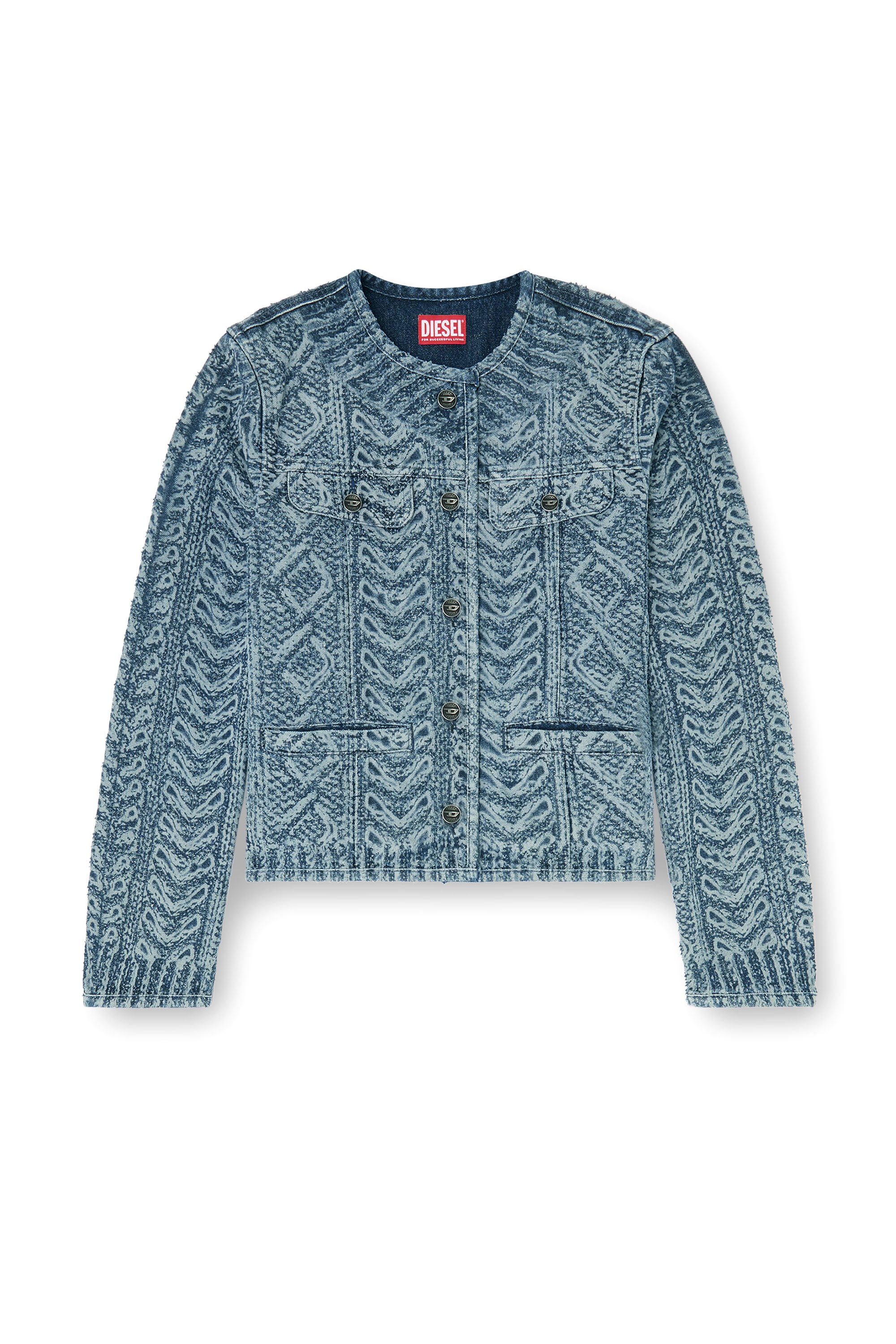 Diesel - DE-GRAFY-S2, Damen Kragenlose Jacke aus Denim mit Zopfmuster-Effekt in Dunkelblau - 2