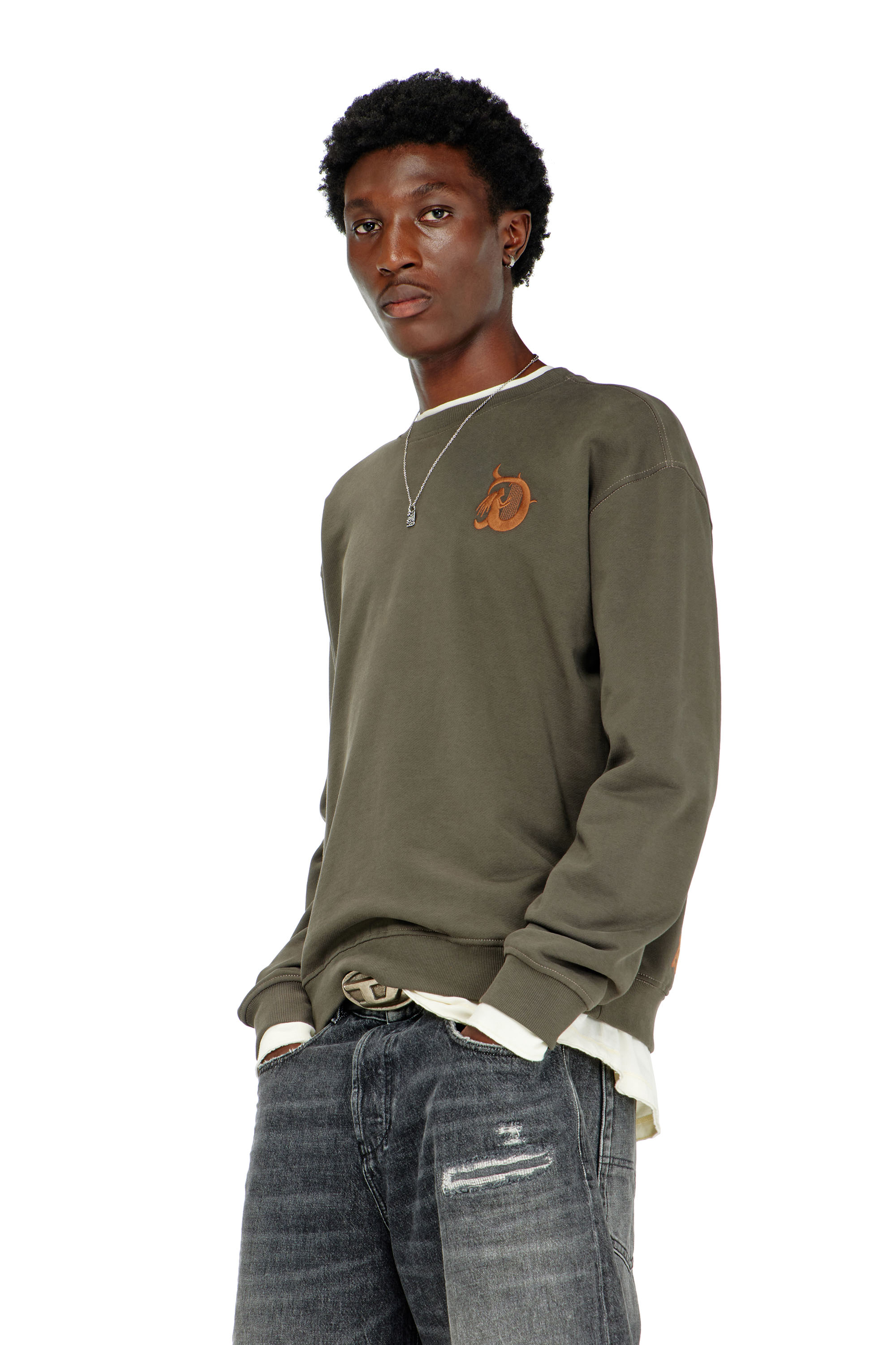 Diesel - S-NORM-AA4, Herren Sweatshirt mit Stickerei und Flockprint in Armeegr&uuml;n - 1