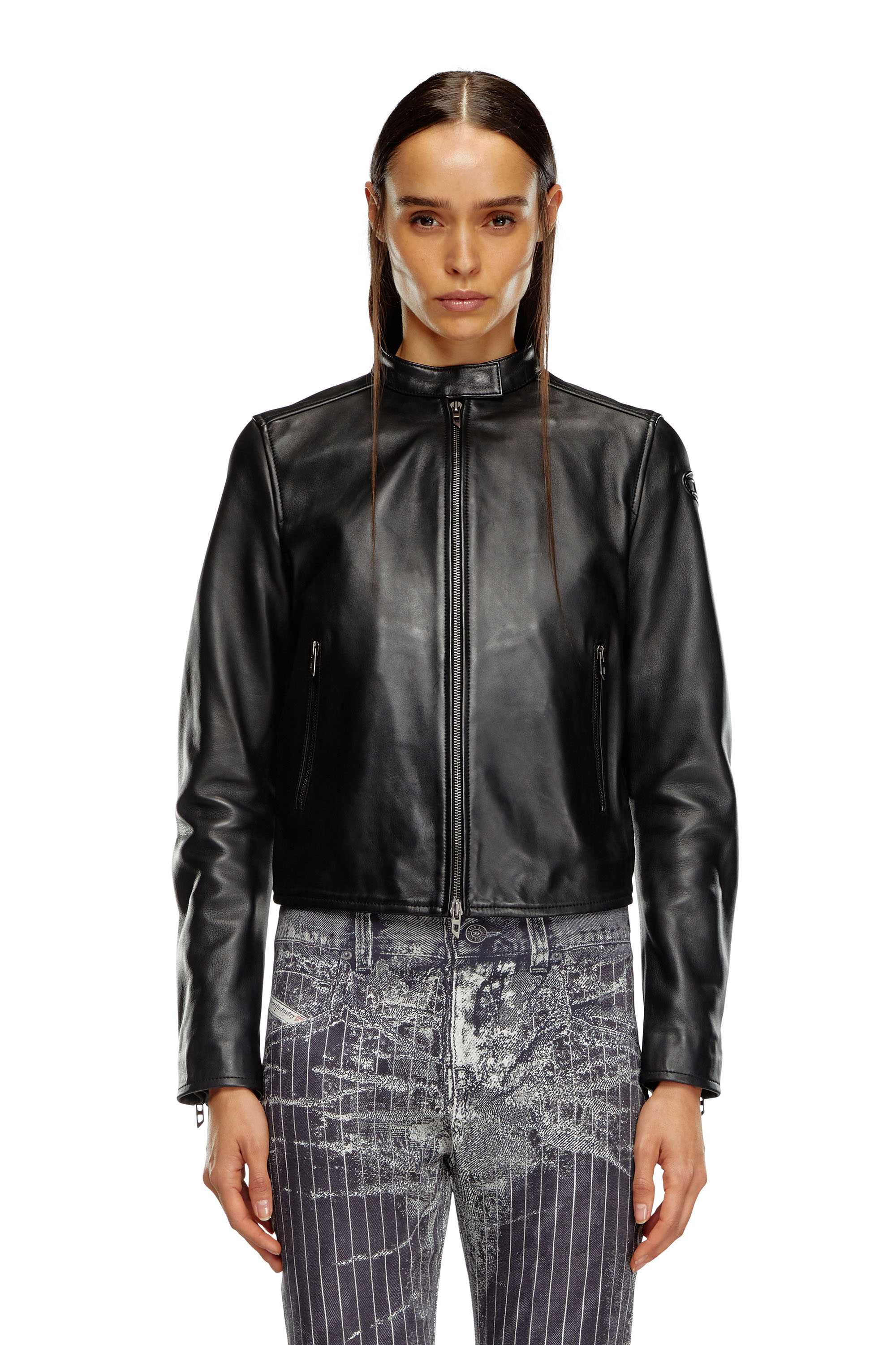 Diesel - L-AYLA, Damen Bikerjacke aus Leder mit Logo-Prägung in Schwarz - 6