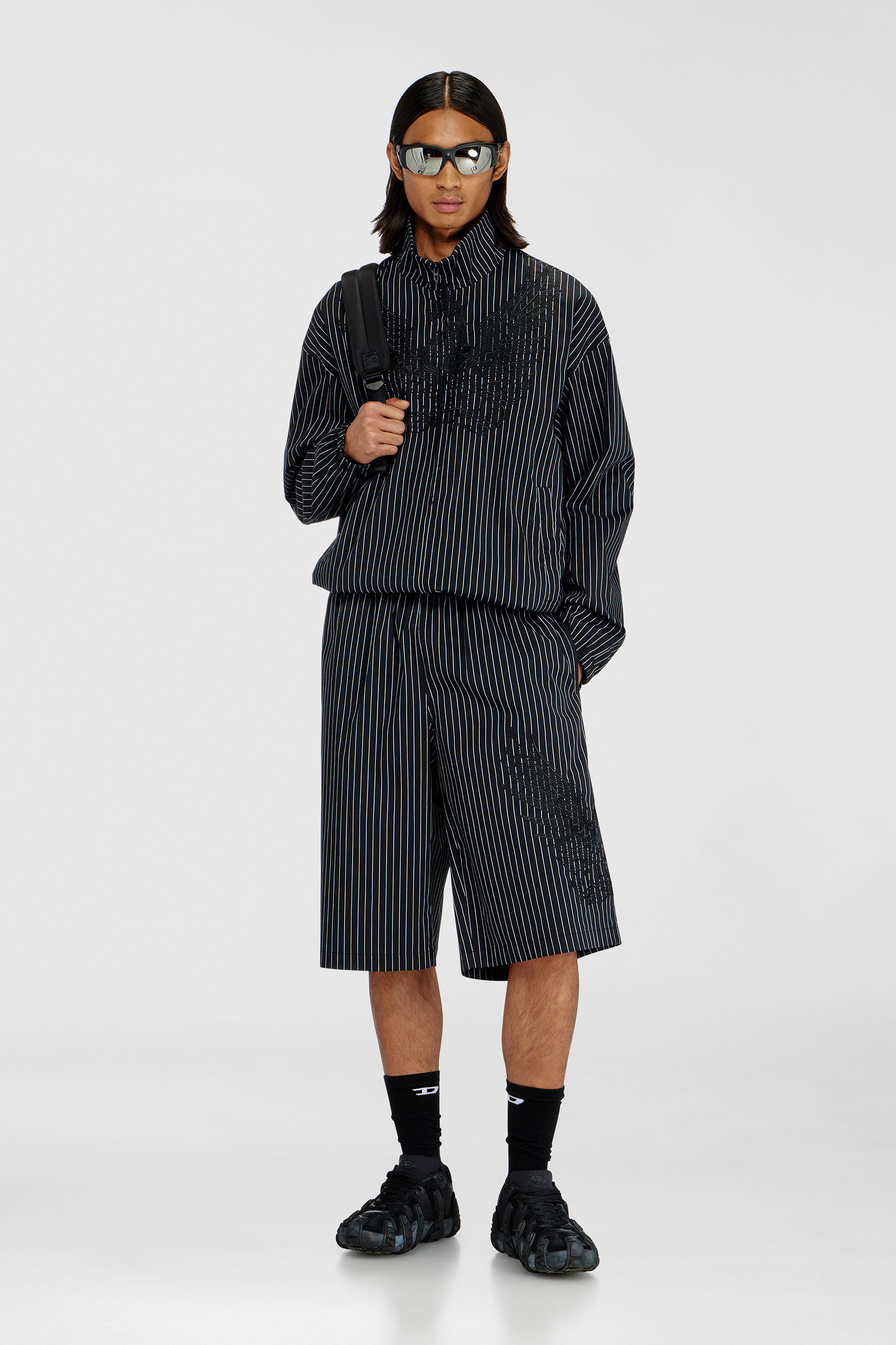 Pinstripe shorts with Phoenix embroidery