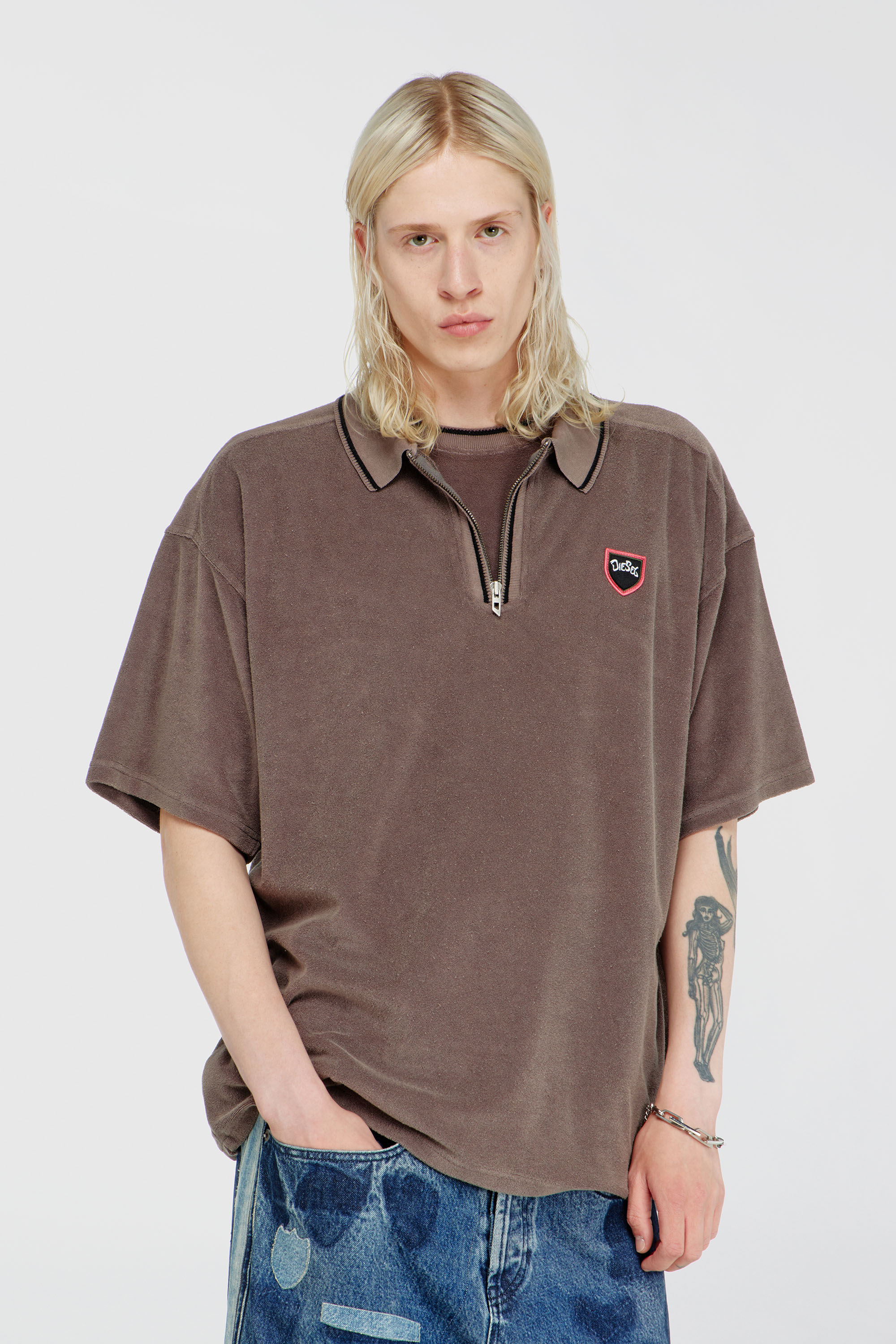 Diesel - T-SPONGY-ZIP, Herren Chenille-Poloshirt mit shield patch in Braun - 3