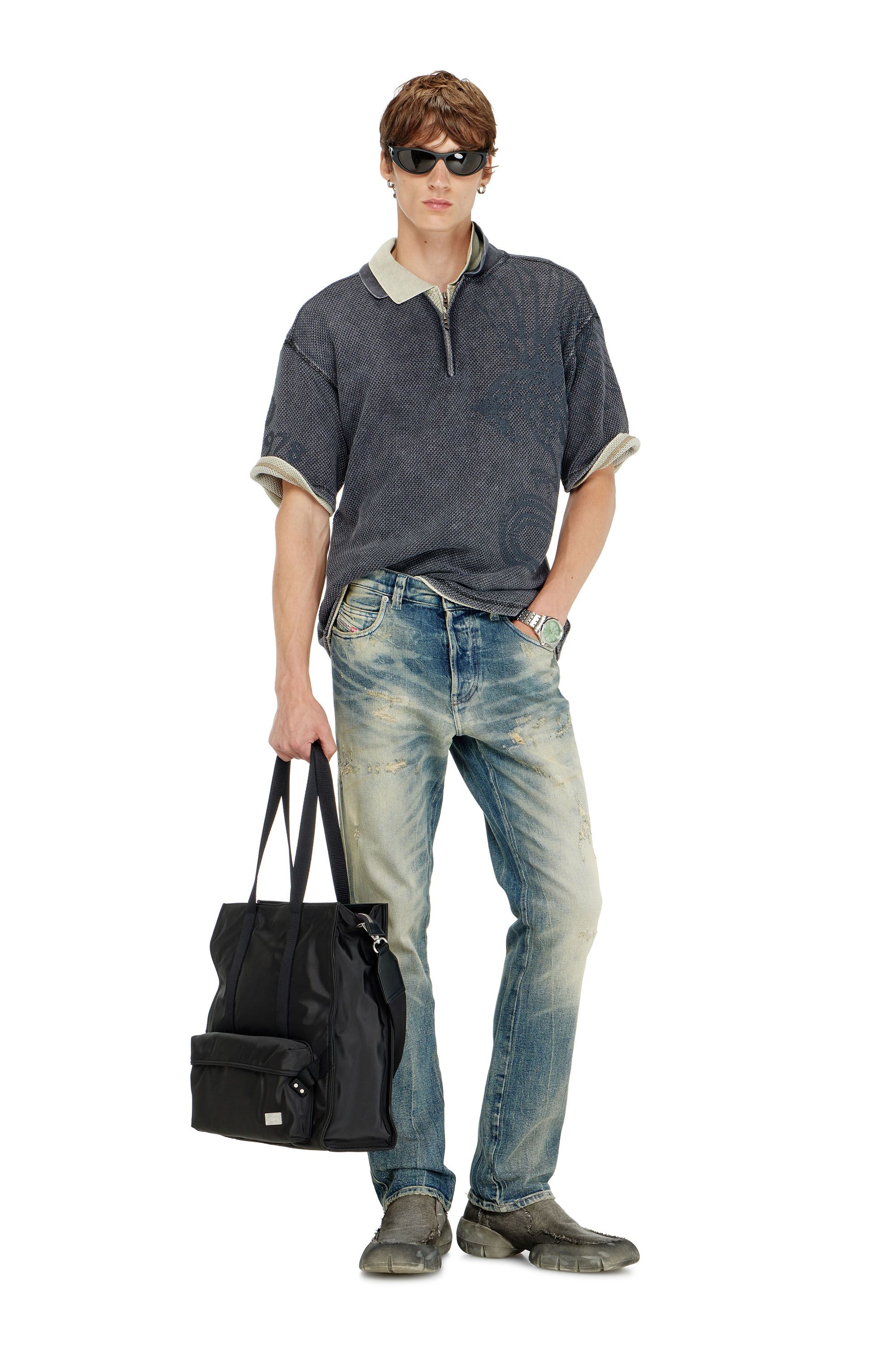Diesel - T-ERRY-ZIP, Herren Mesh-Jacquard-Poloshirt mit Phoenix-Print in Dunkelgrau - 2