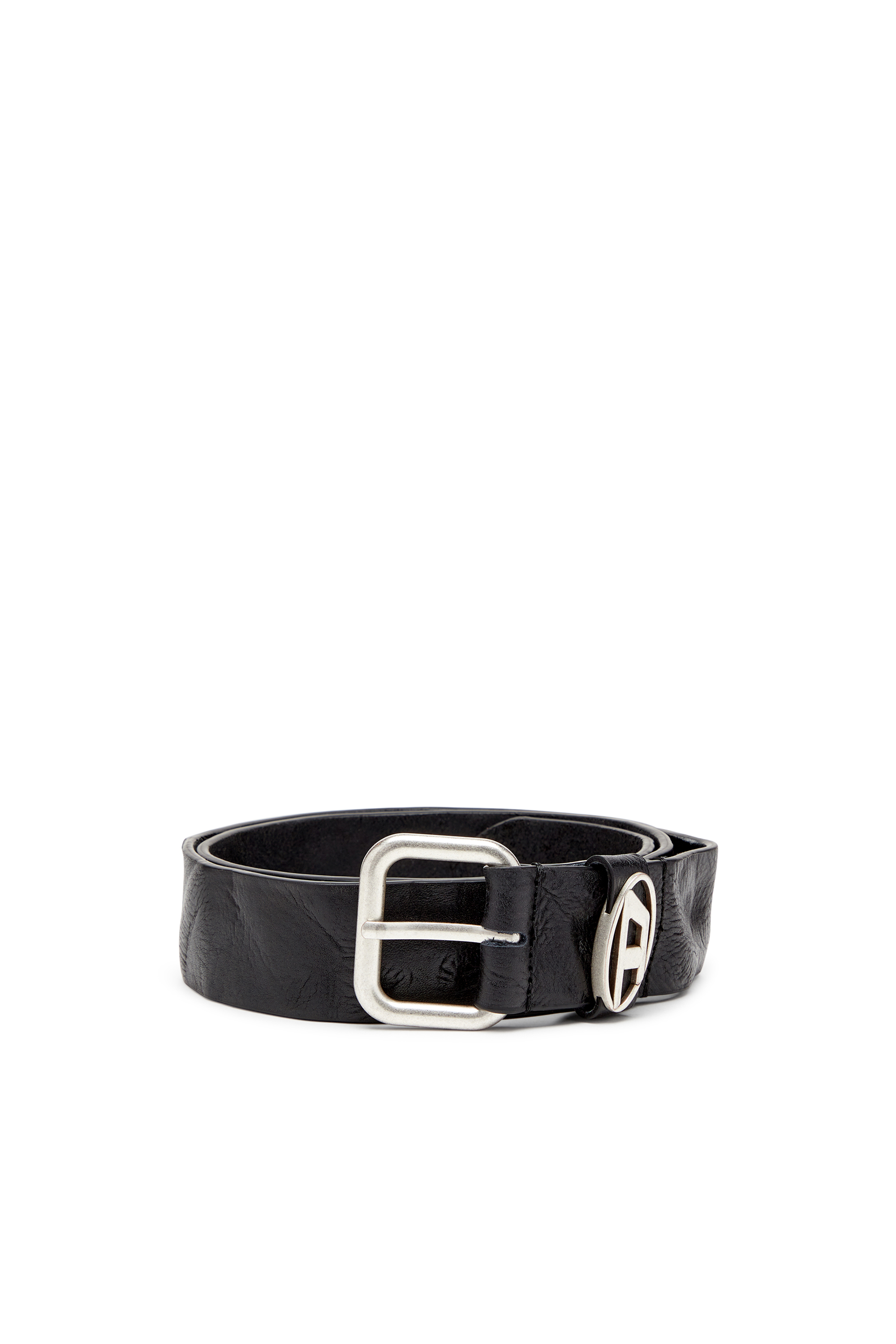 Diesel - B-1DR OVAL D LOOP, Unisex Gürtel aus Knitter-Leder mit Logo-Plakette in Schwarz - 1