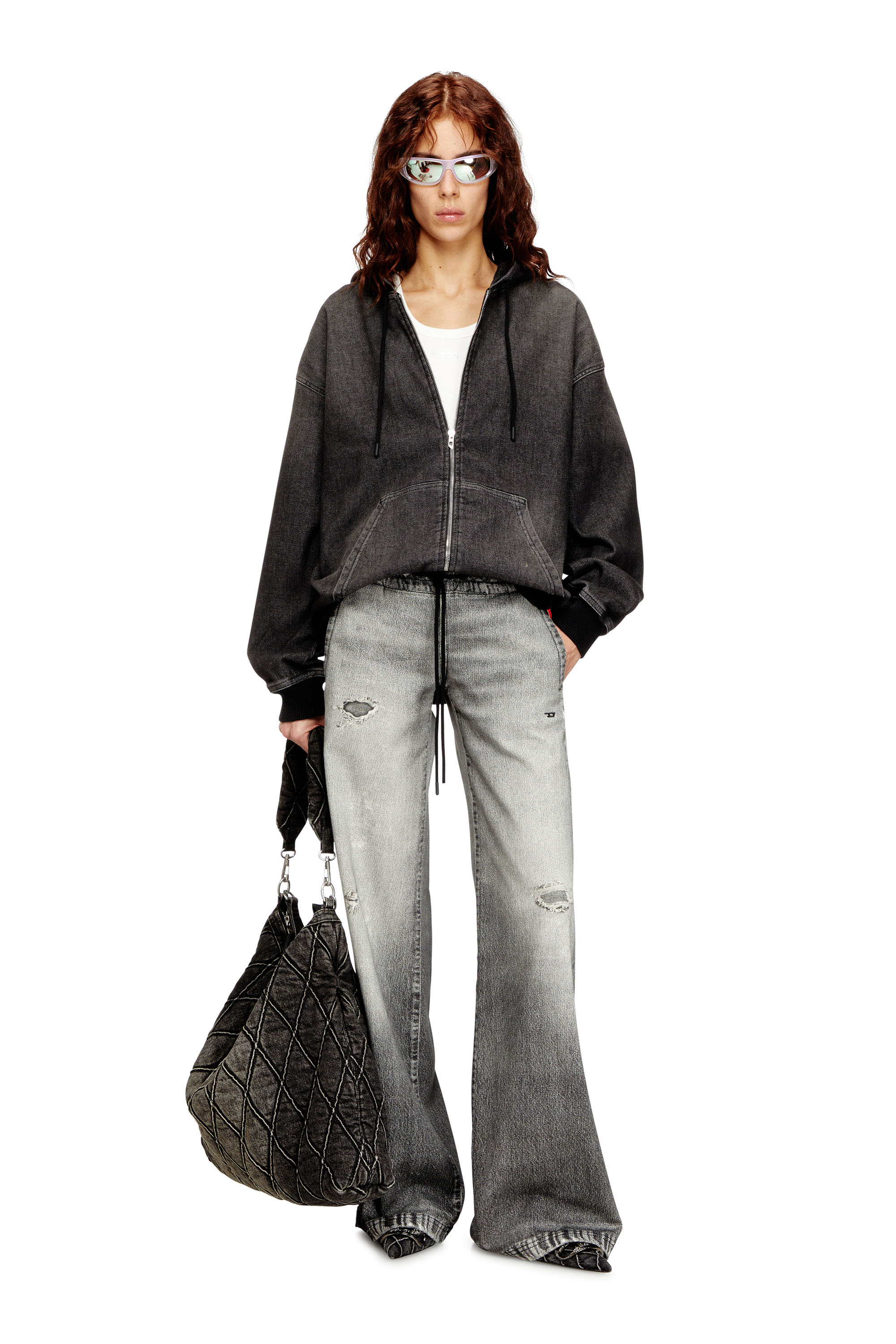 Diesel - D-GIRI-S TRACK, Unisex Reißverschluss-Hoodie aus Track Denim mit Schmutz-Effekt in Schwarz - 6