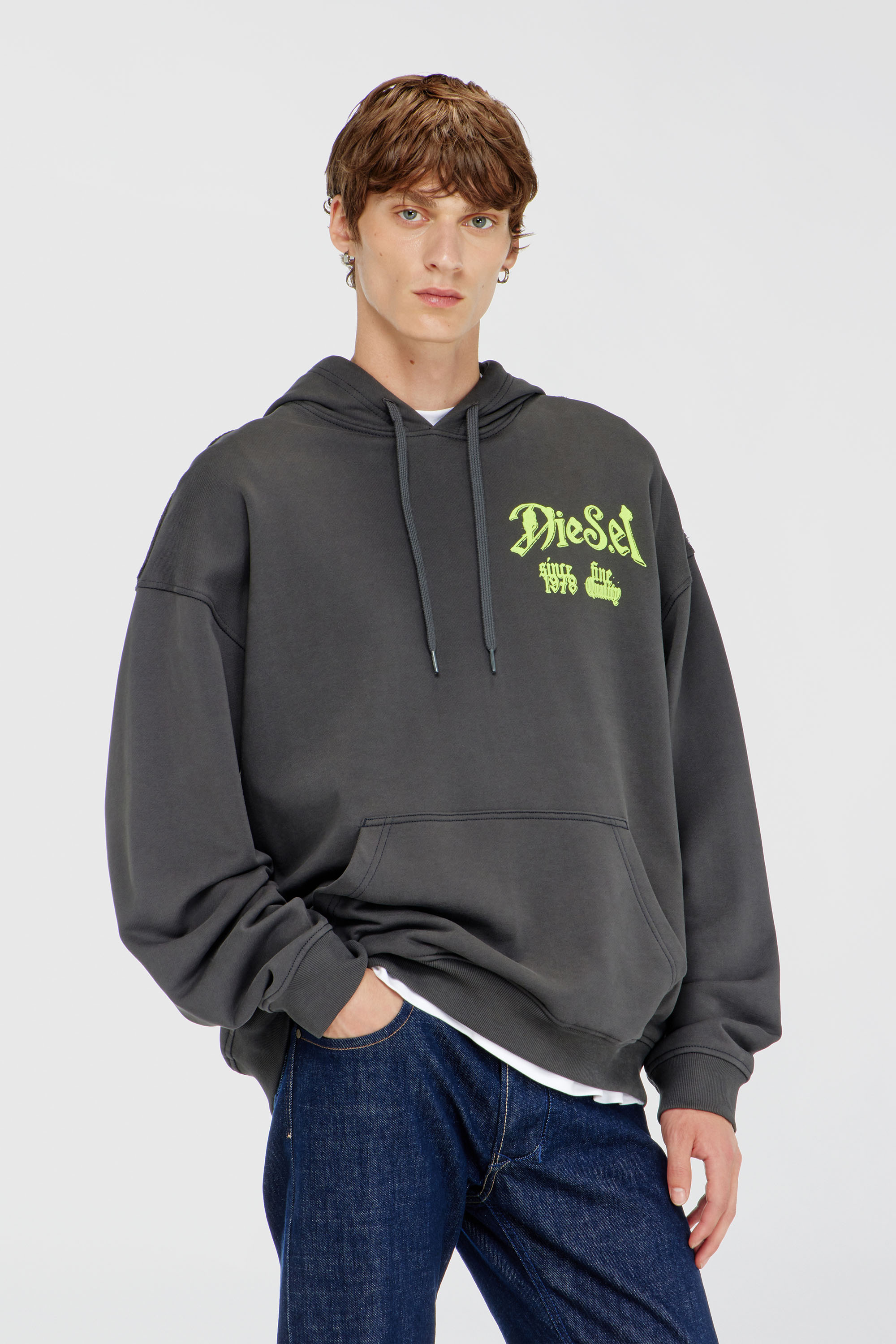 Diesel - S-BOXT-HOOD-AA2, Herren Baumwoll-Hoodie mit beflockten Grafiken in Dunkelgrau - 1