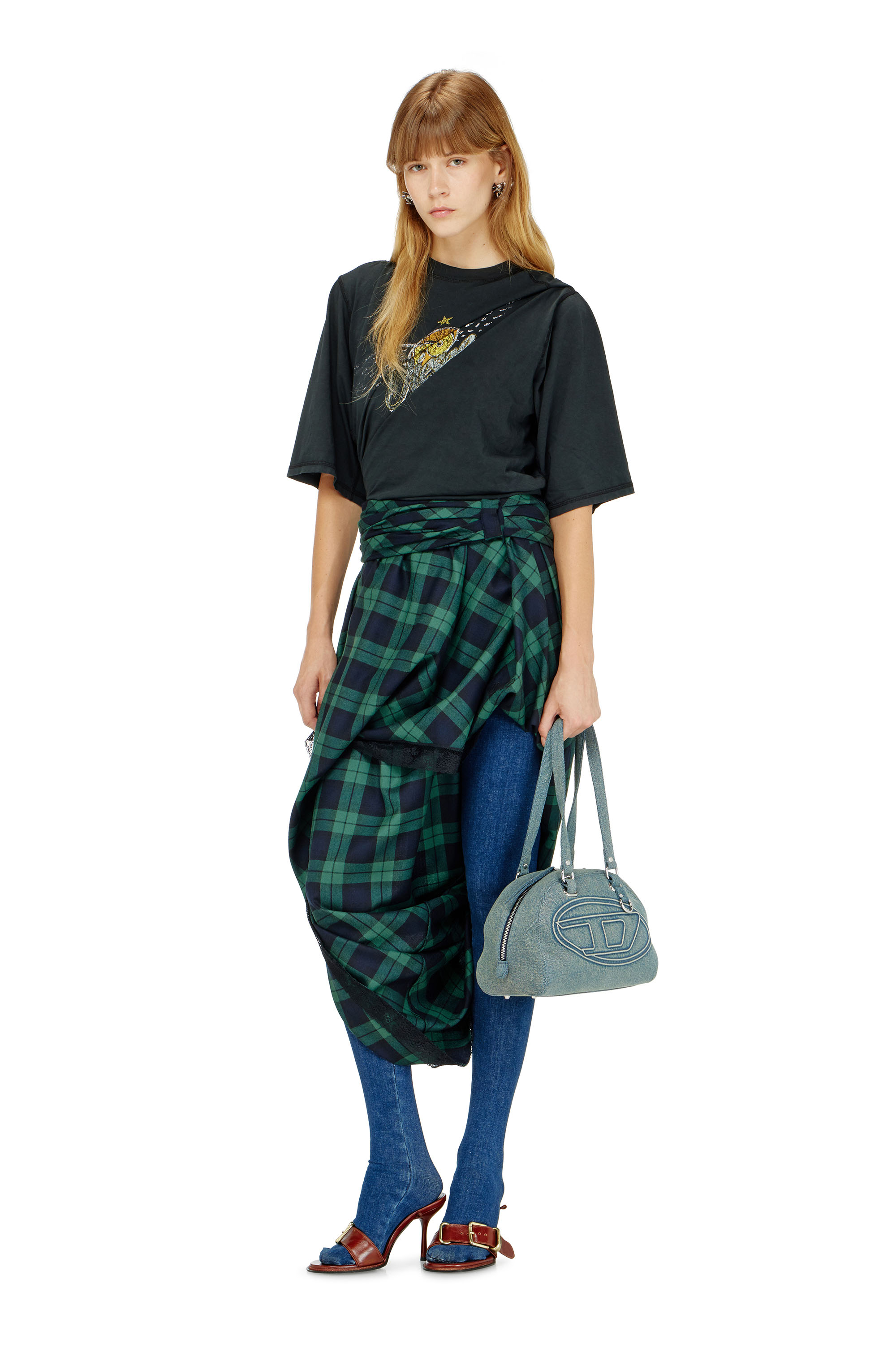 Diesel - O-WINNY, Damen Midilanger Rock im Tartan-Look mit Spitzenbesatz in null - 1