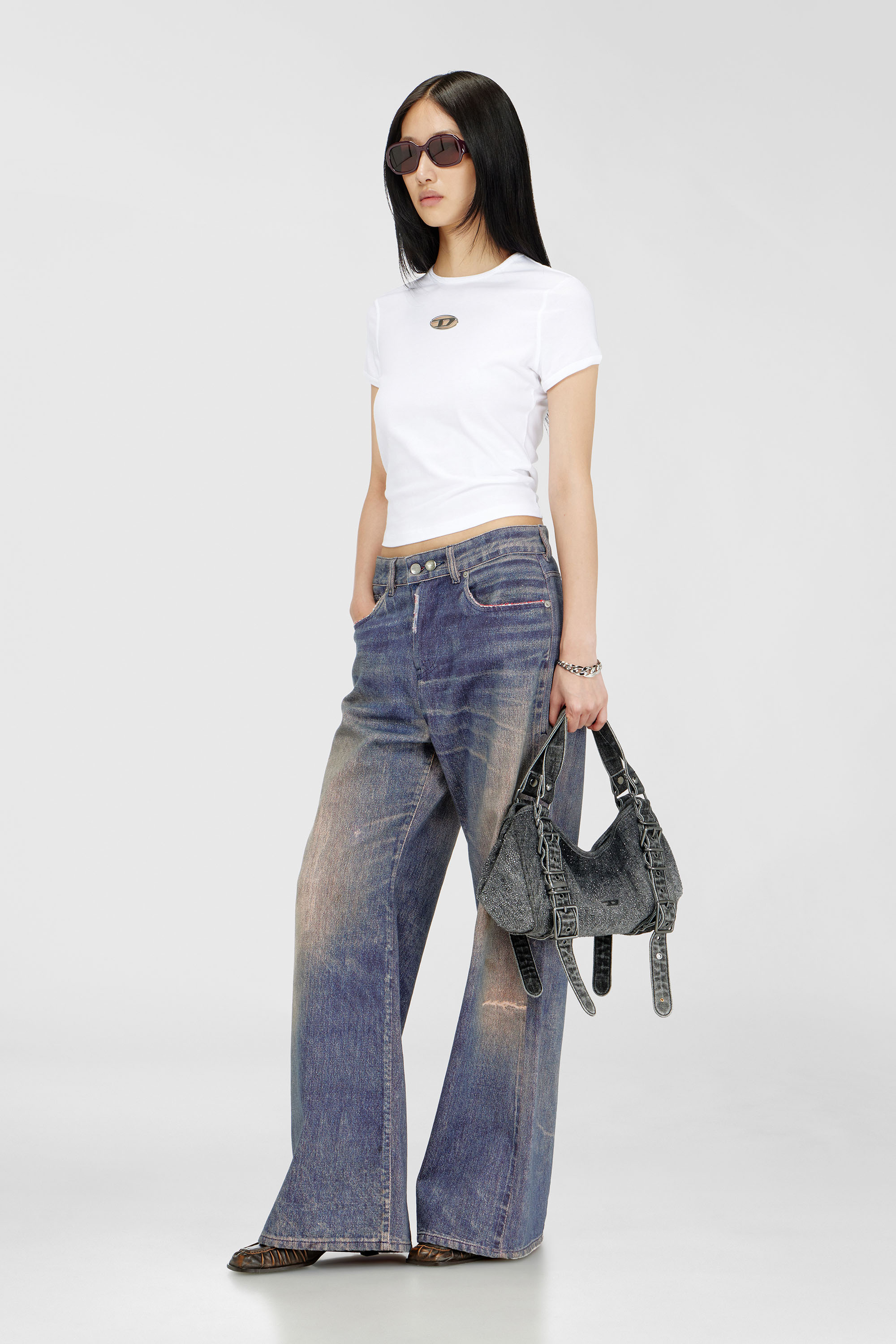 Diesel - D-ONE TOPHANDLE S, Damen D-One-Small Henkeltasche aus solarisiertem Denim mit Kristallen in Schwarz - 1