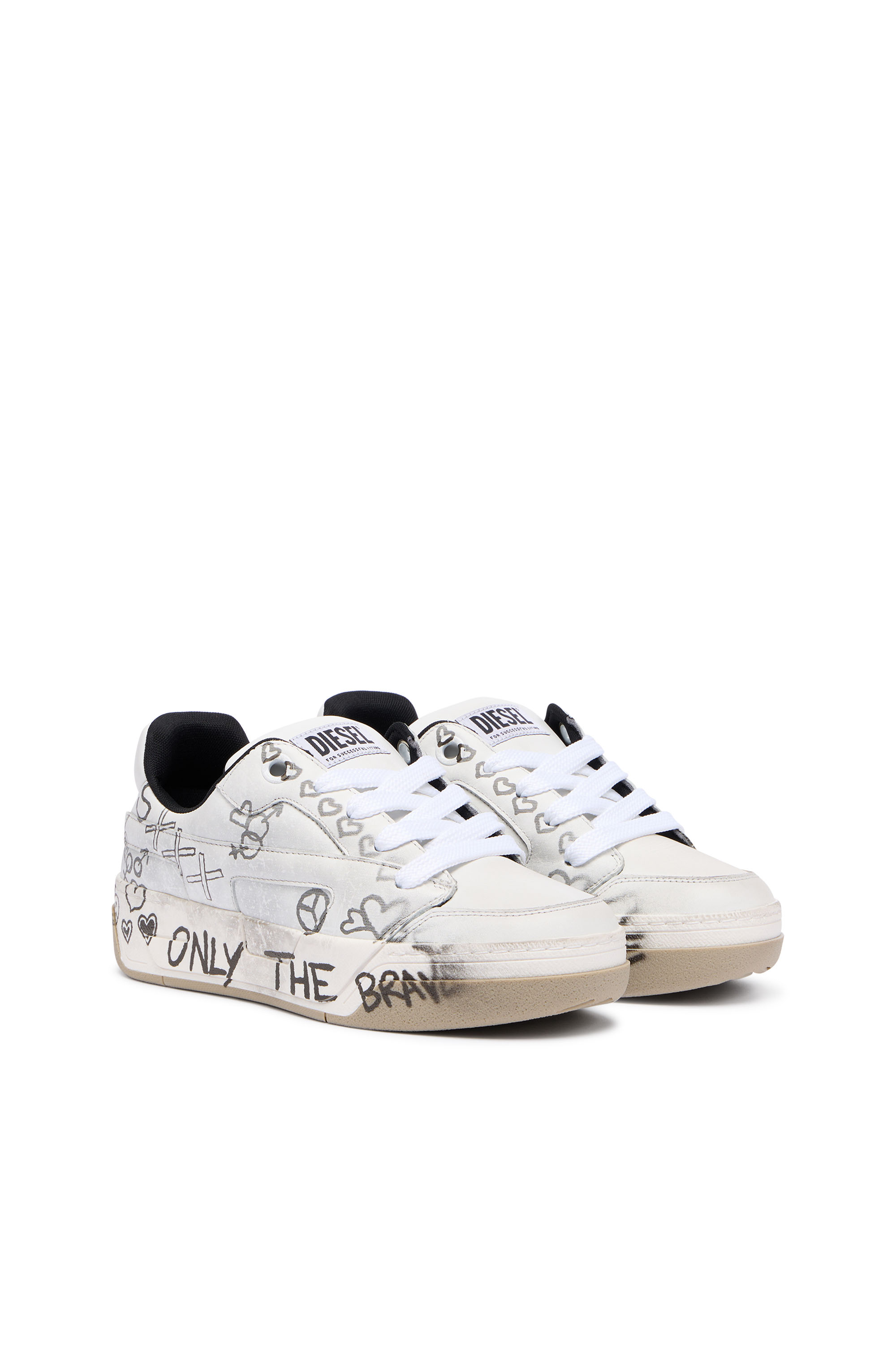 Diesel - S-D-OLLIE LOW W, Damen D-Ollie-Ledersneaker mit Graffiti-Print in Wei&szlig;/Braun - 2