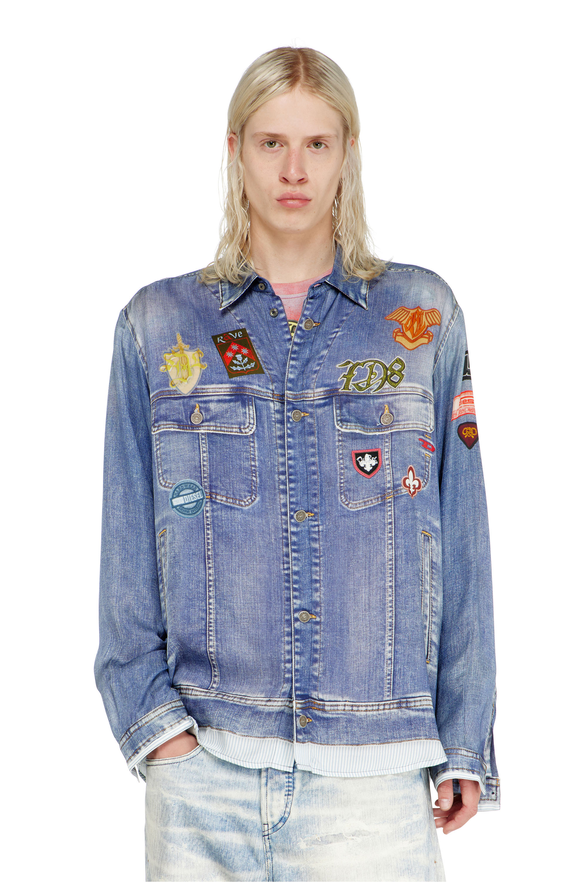 Diesel - S-SIMPLY-PATCH, Herren Satinhemd mit trompe-l'oeil denim-print in null - 1