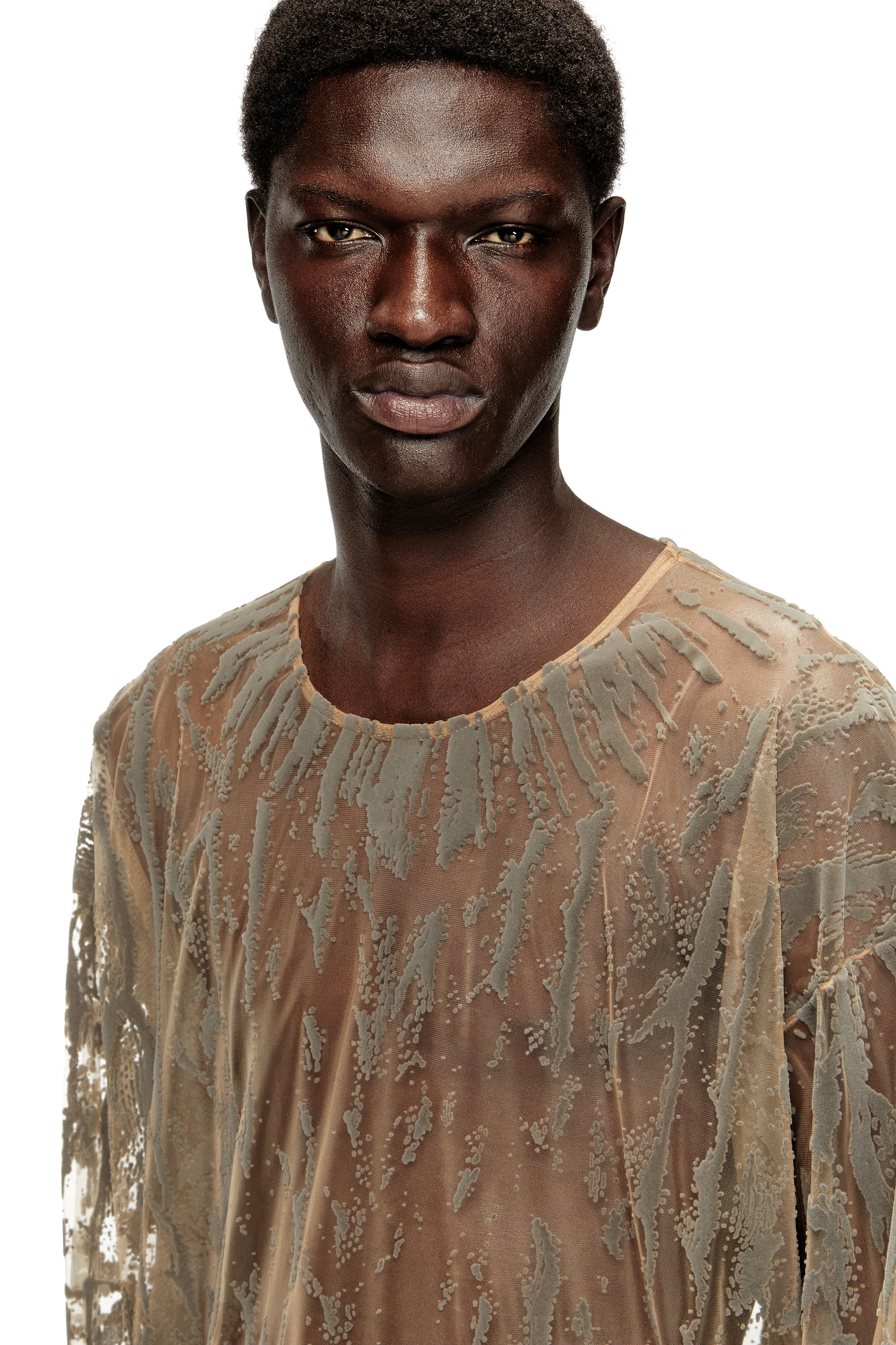 Diesel - T-TARAS, Herren Langarm-Oberteil aus beflocktem Tüll in Hellgrau - 5