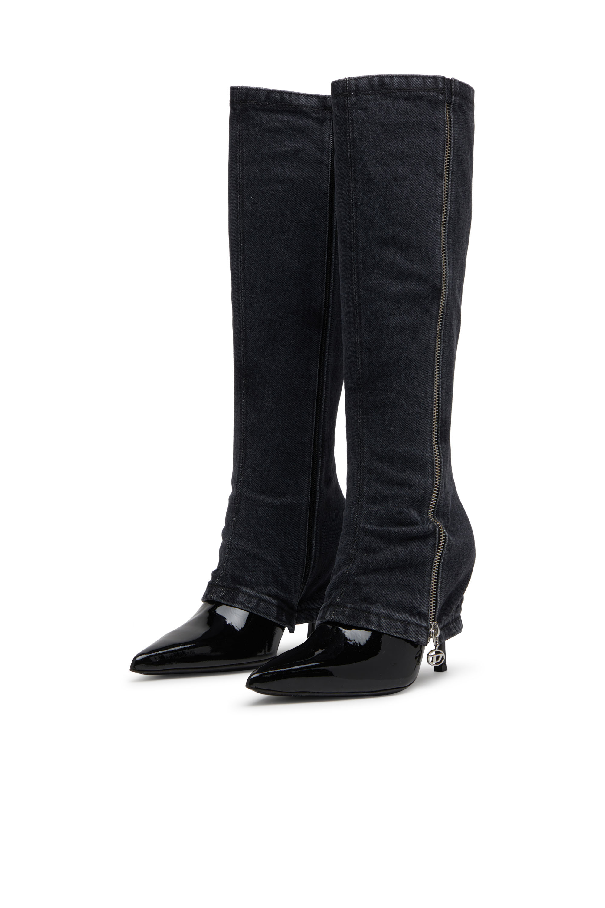 D-VENUS TWISTED BOOT, Schwarz Diesel - D-VENUS TWISTED BOOT, Damen D-Venus-Stiletto-Kniestiefel mit Jeans-Trompe l'œil in Schwarz - 7