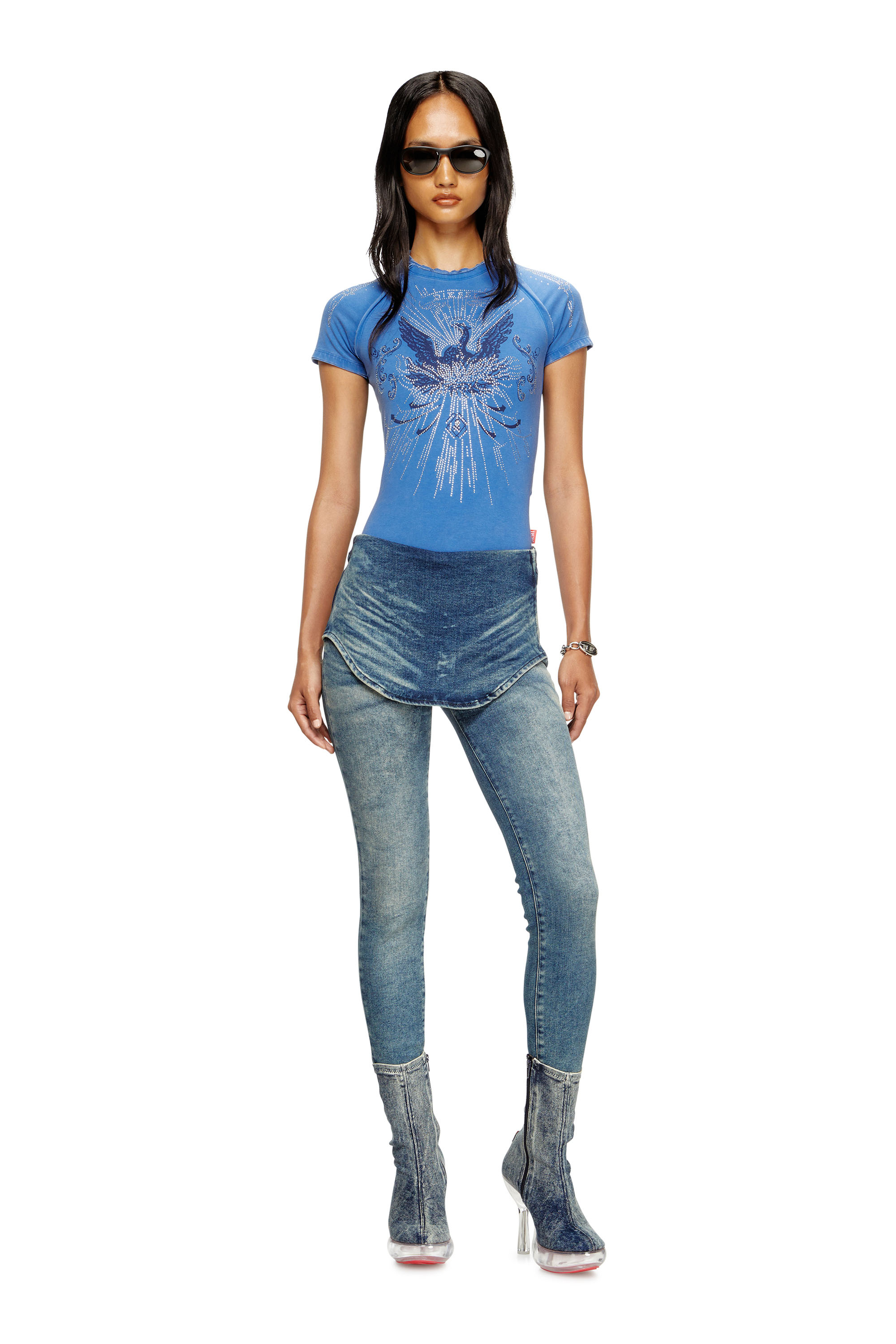 Diesel - T-ROWEENA, Damen Phoenix-T-Shirt mit Strasssteinen in Blau - 2