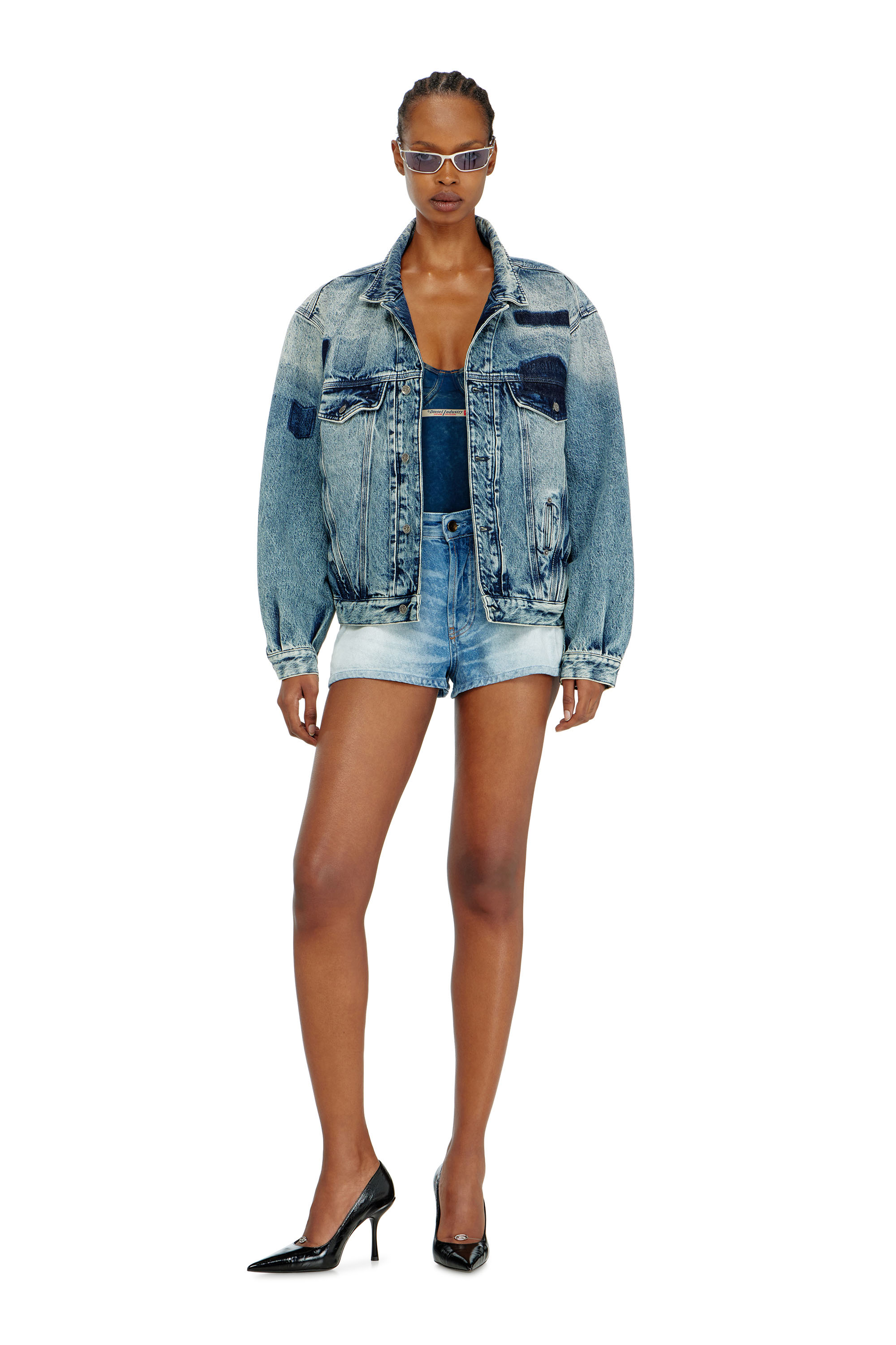 Diesel - D-DENVER-S2, Unisex's Trucker jacket with patch effects in Medium blue - 7