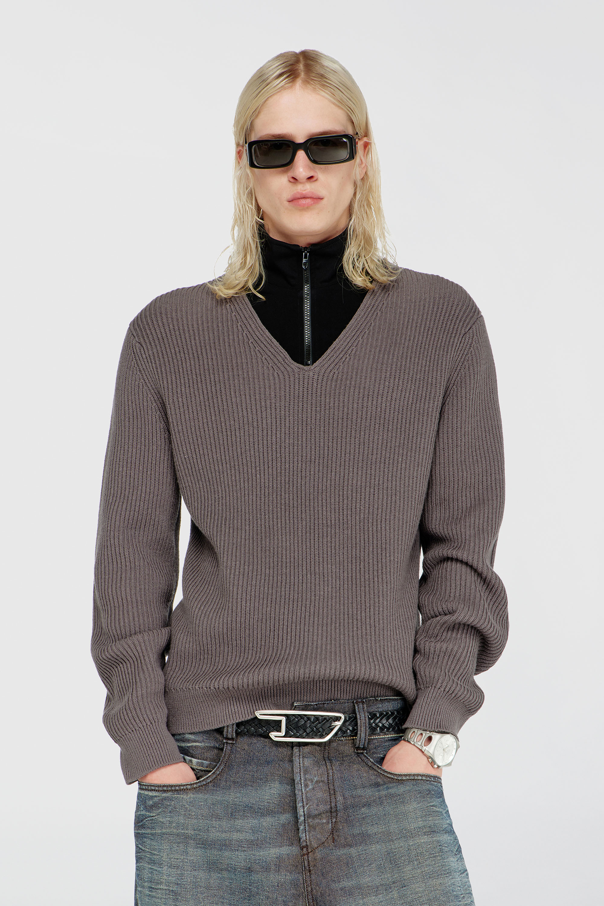 Diesel - K-MAMU, Herren Pullover mit half-zip und doppellagigem Kragen in Schwarz/Grau - 3