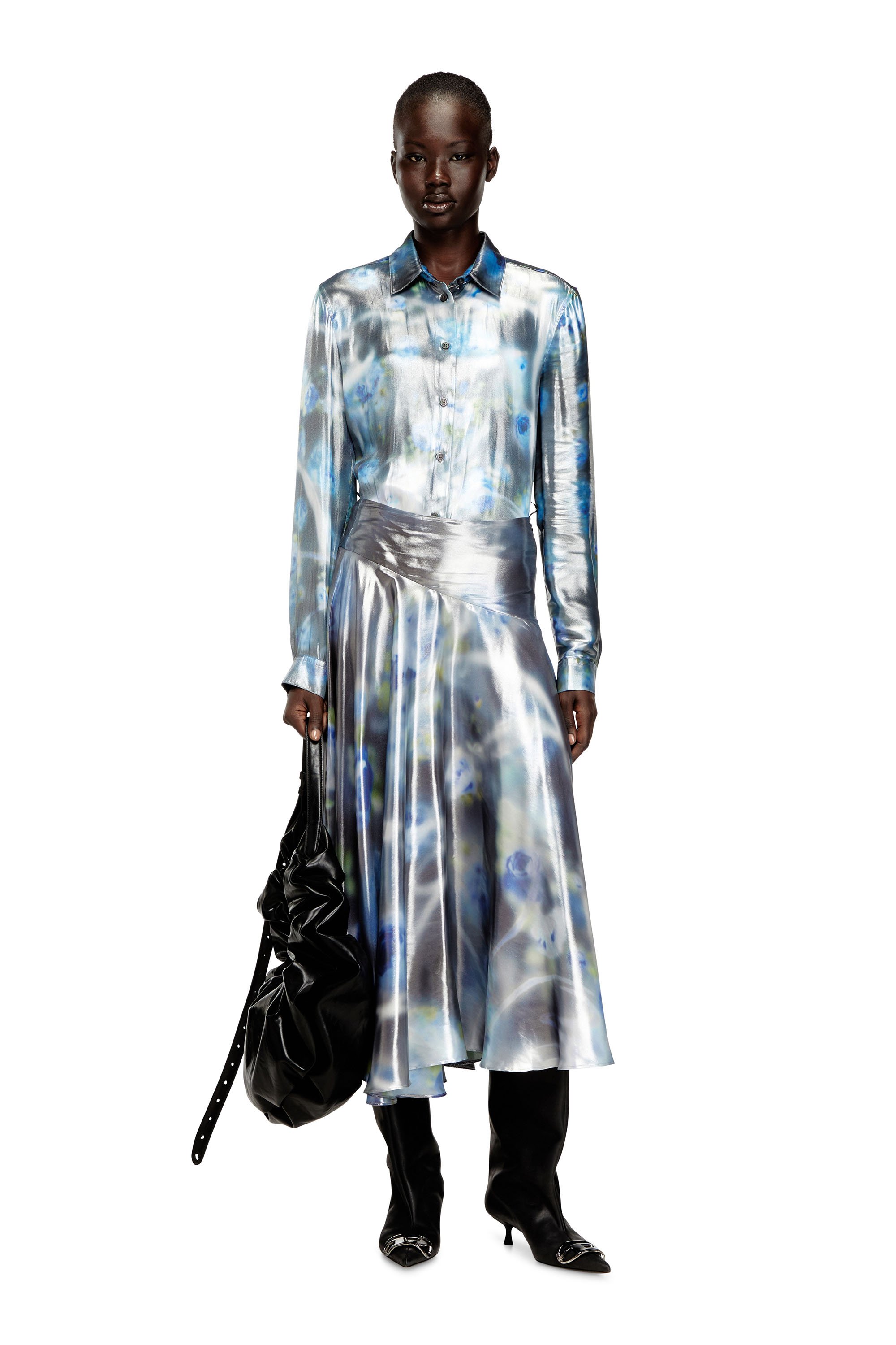 Diesel - C-RONOR-S2, Damen Metallisches Hemd mit verschwommenem Rosenmuster in Blau - 2