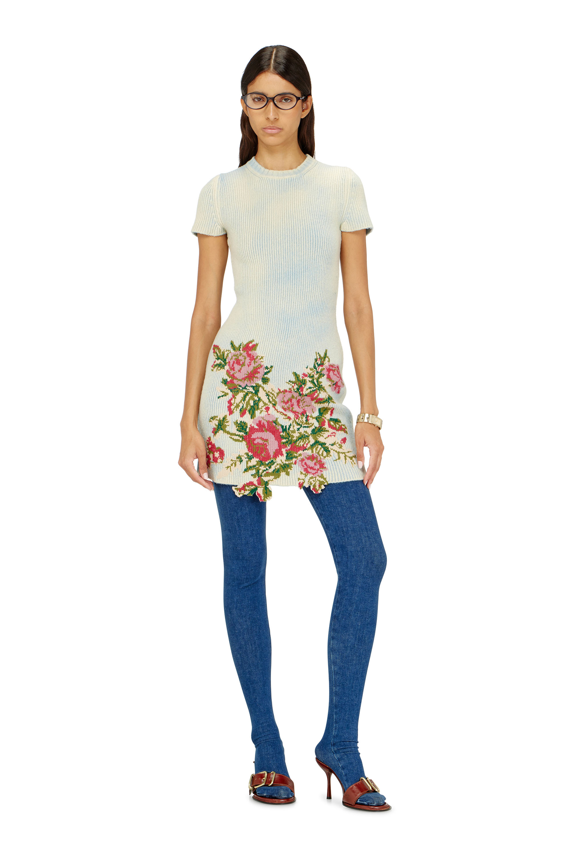 Diesel - M-RINNIE, Damen Kurzes Kleid aus Wollmischung mit Blumenmuster in Wei&szlig; - 2