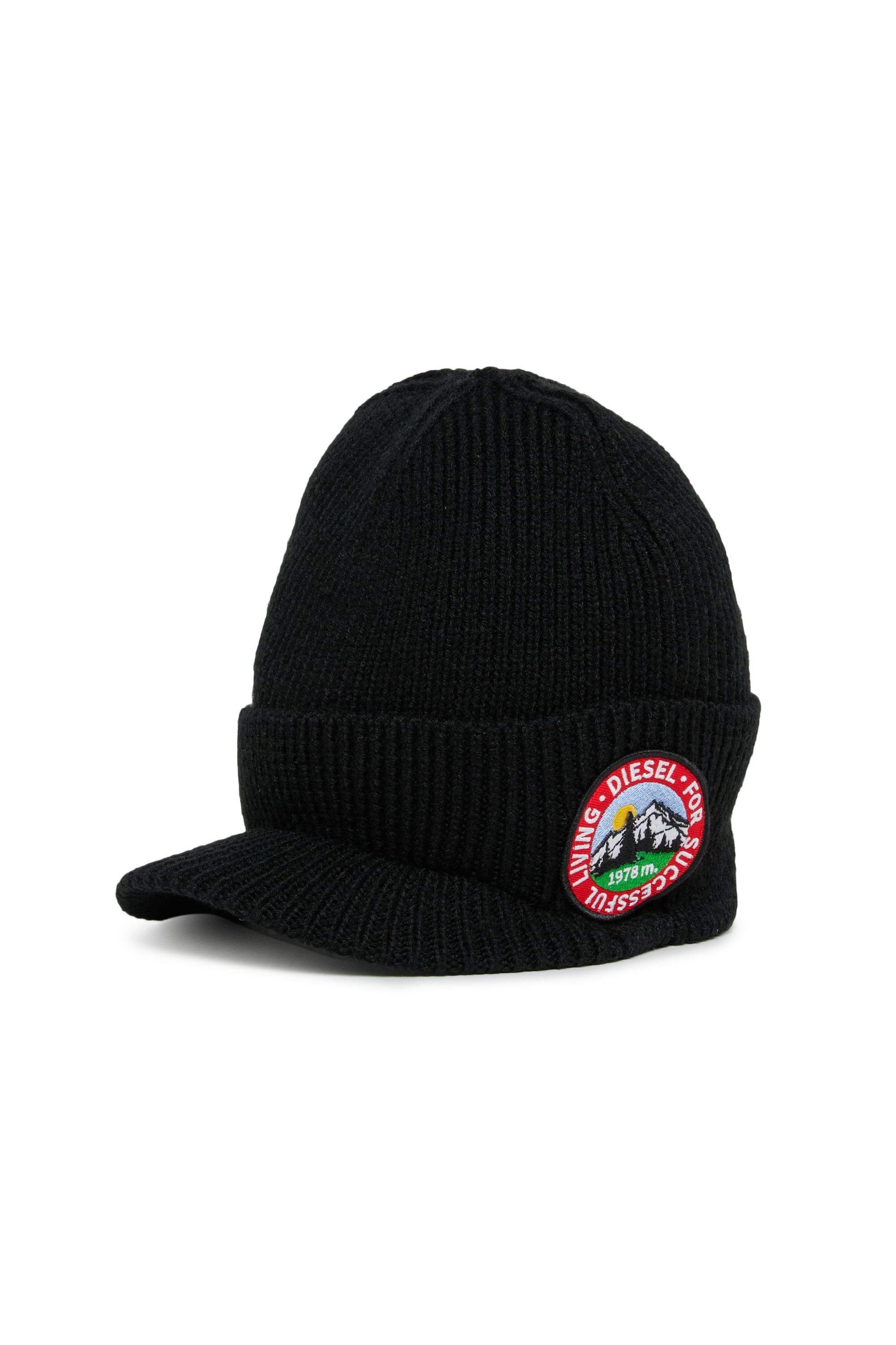 Diesel - FMONTI, Unisex Visor-Beanie aus geripptem Wollstrick in Schwarz - 1