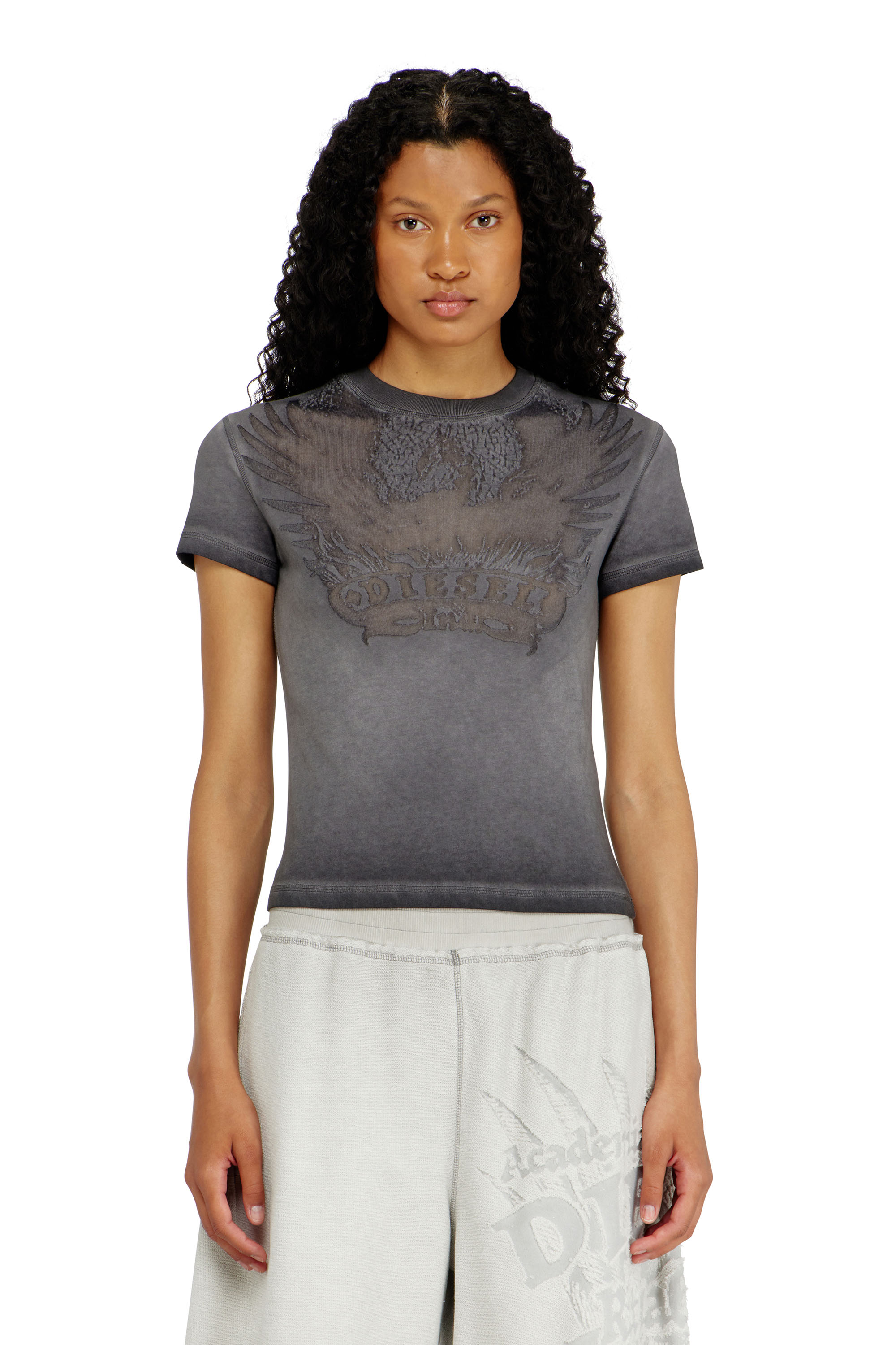 Diesel - T-ILA-AA7, Damen Slim T-shirt mit d&eacute;vor&eacute; Phoenix in Grau - 1