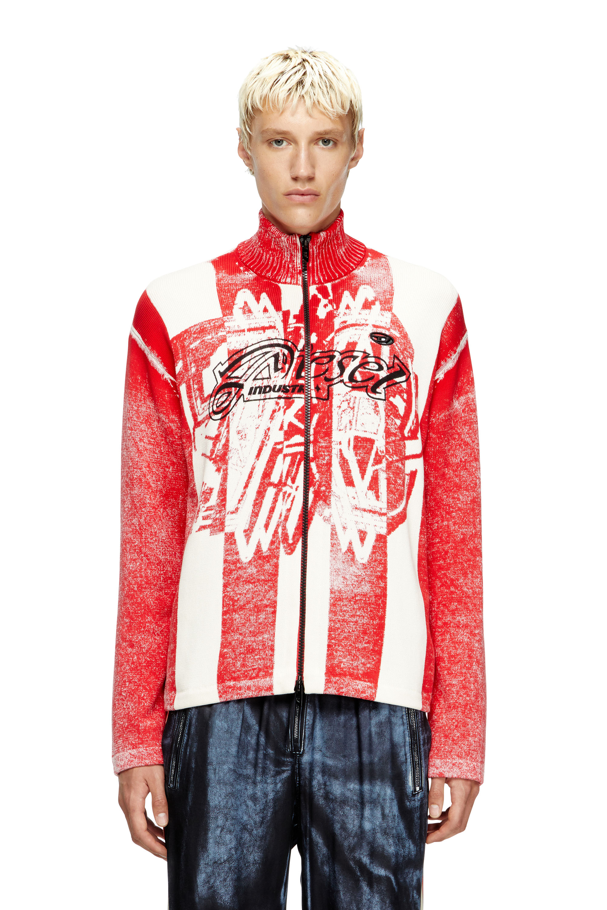 Diesel - K-OLIBA-JKT, Herren Gestreifter Reißverschluss-Cardigan mit Innen-Print in Rot/Weiss - 1