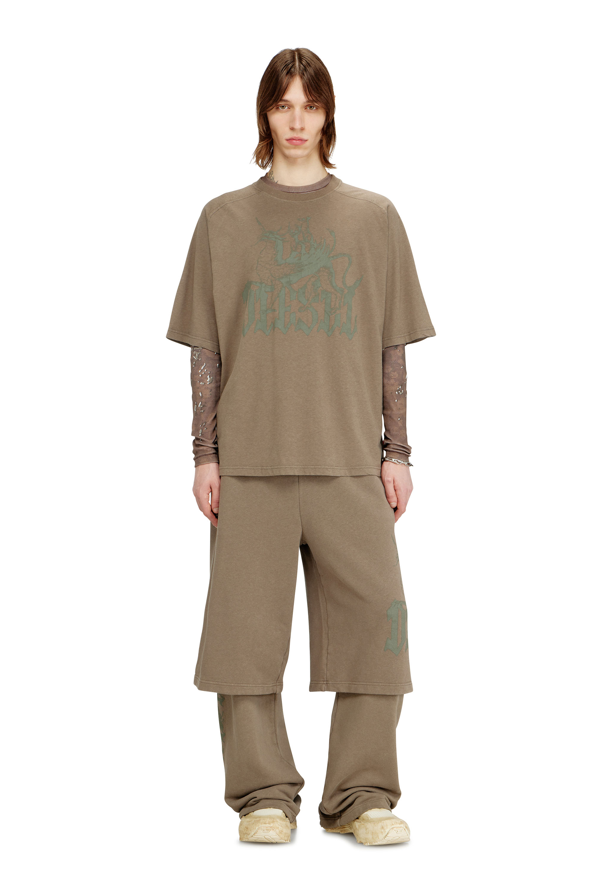 Diesel - T-JUSSI-A, Herren Bedrucktes T-Shirt aus Baumwolle und Hanf in Beige - 1