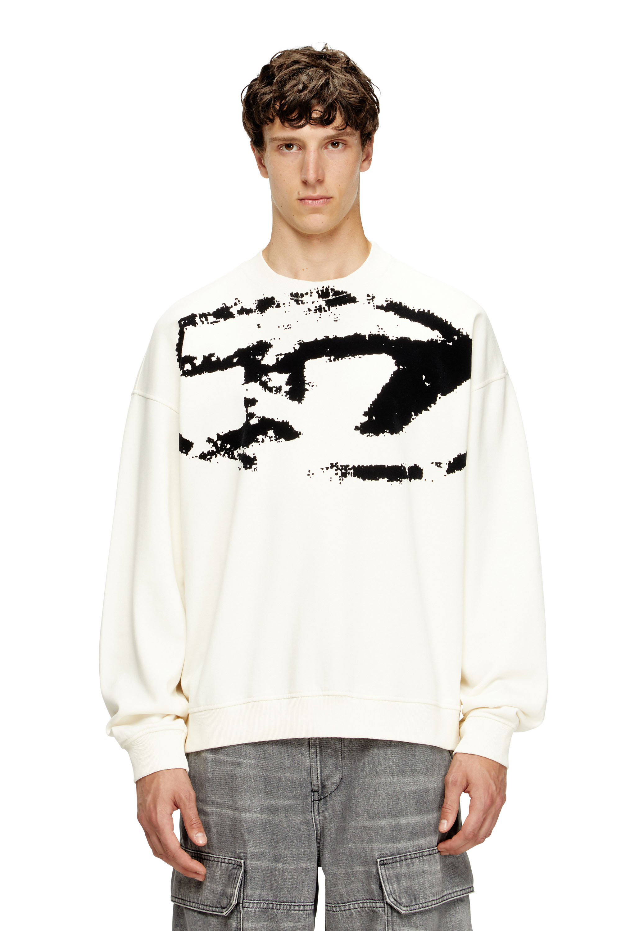 Diesel - S-BOXT-N5, Herren Sweatshirt mit beflocktem Distressed-Logo in Weiss/Schwarz - 1