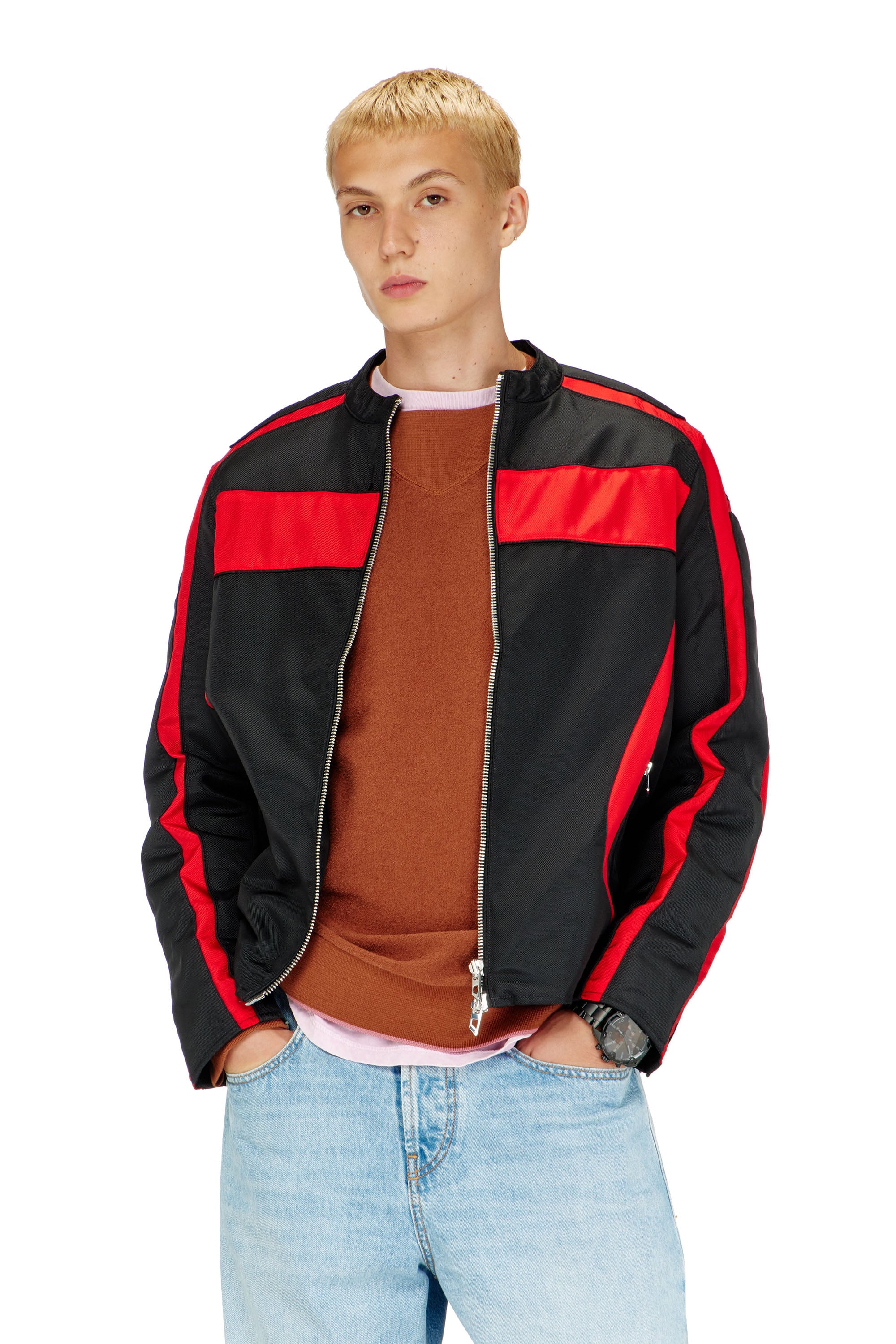 Diesel - J-ADAM-PDAI, Herren Bikerjacke im Colourblock-Design aus Canvas in Schwarz/Rot - 1