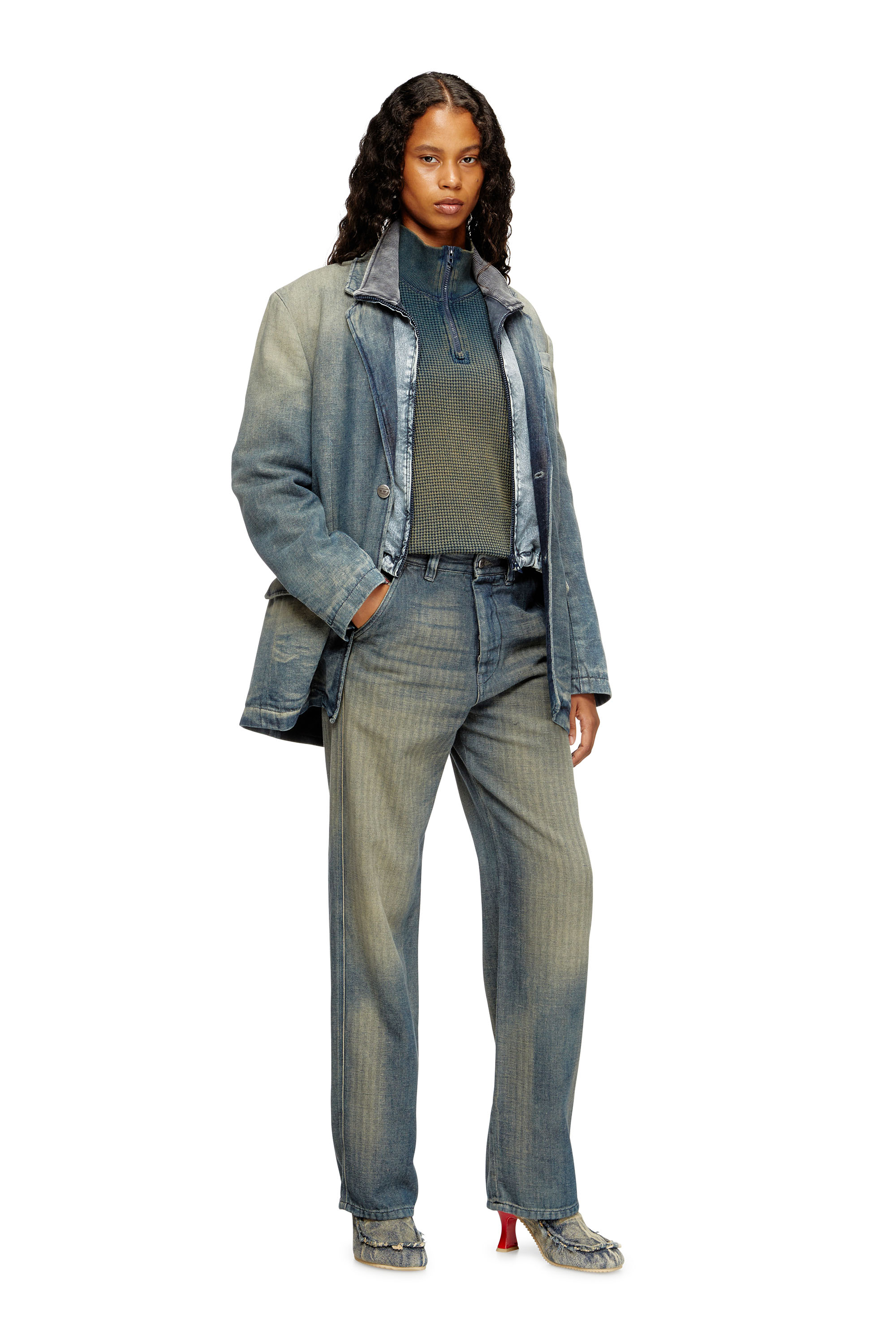 Diesel - D-REGER-D, Unisex Blazer aus schmutzigem Fischgräten-Denim in Grau/Blau - 4