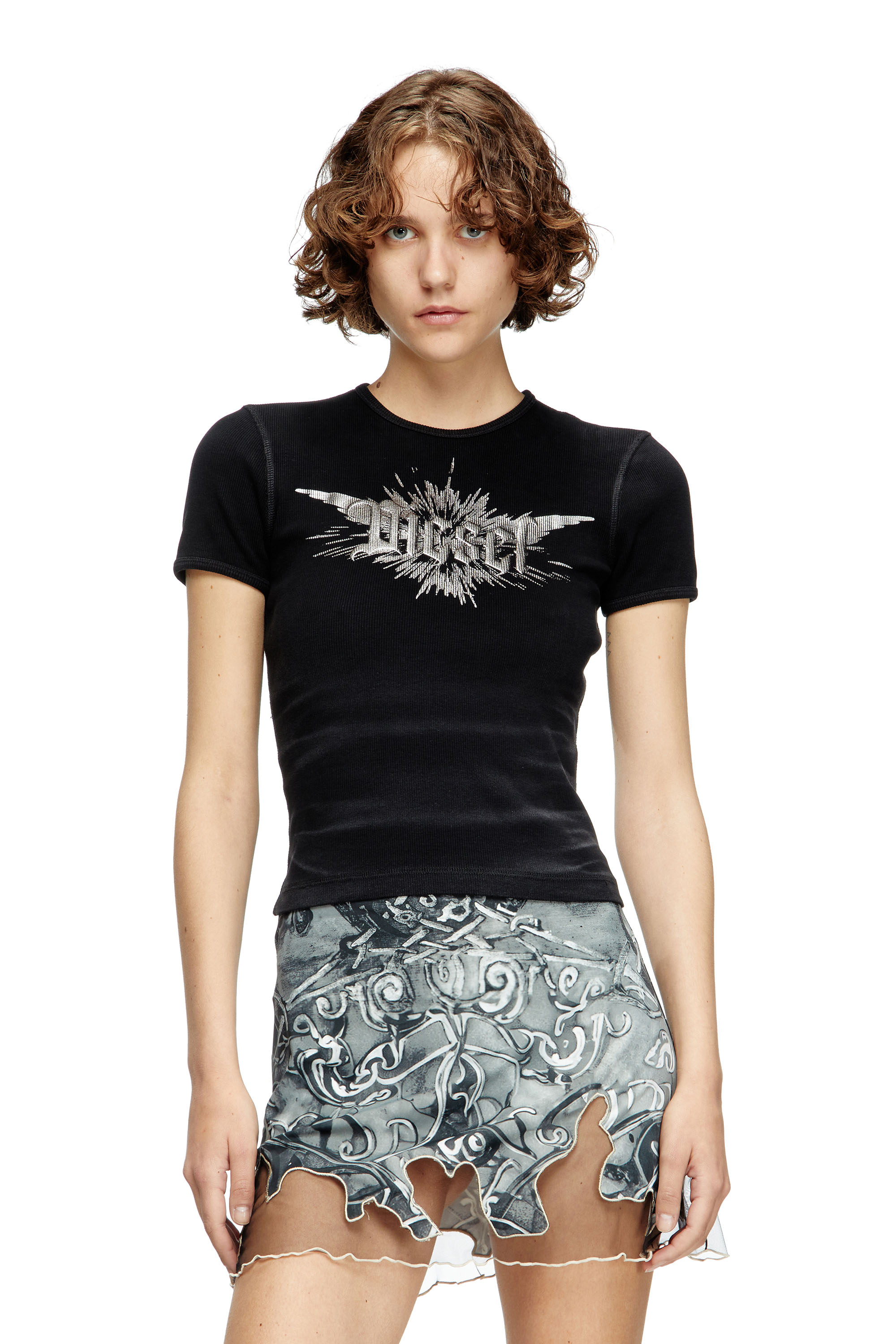 Diesel - T-ELE-LONG-P2, Damen T-Shirt mit flügelförmigem Diesel-Folien-Print in Schwarz - 3