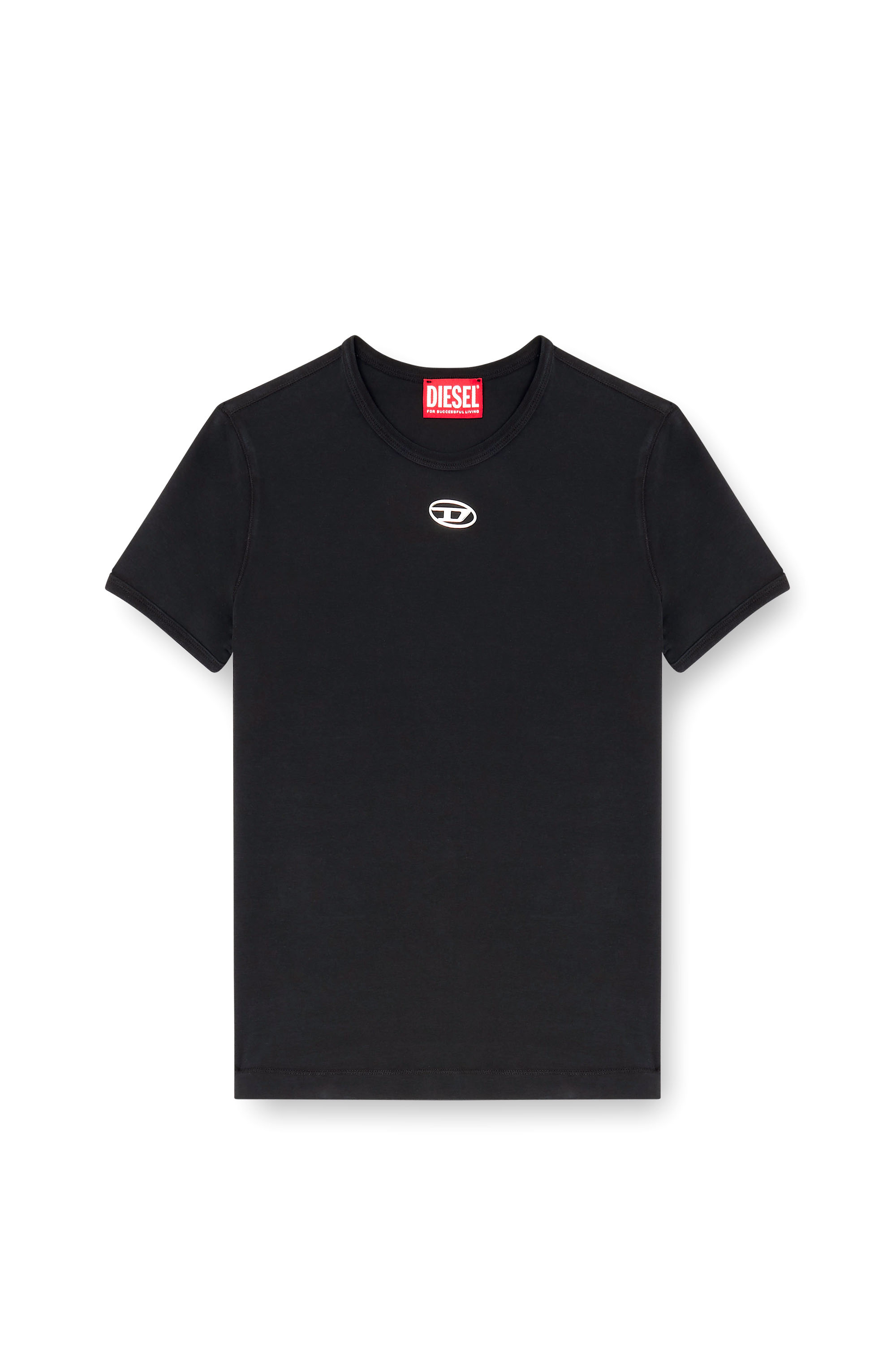 Diesel - T-UNCUTIESLONG-OD, Damen Schmal geschnittenes T-Shirt mit metallischem Oval D in Schwarz - 2
