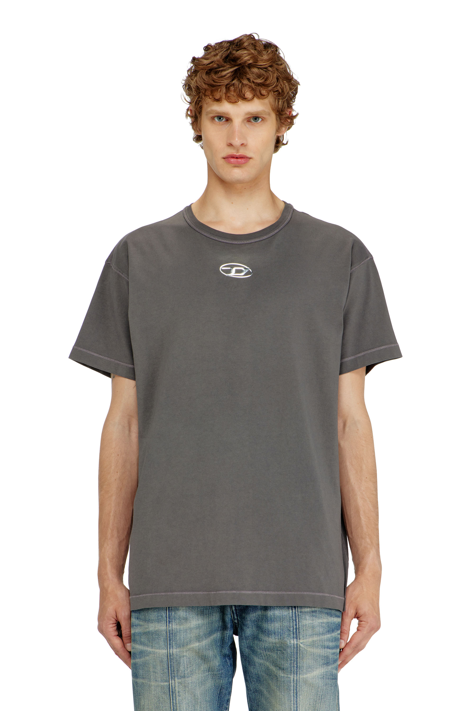 Diesel - T-NORM-IOD, Herren Leichtes Baumwoll-T-Shirt mit metallischem ovalem D-Logo in Grau - 1